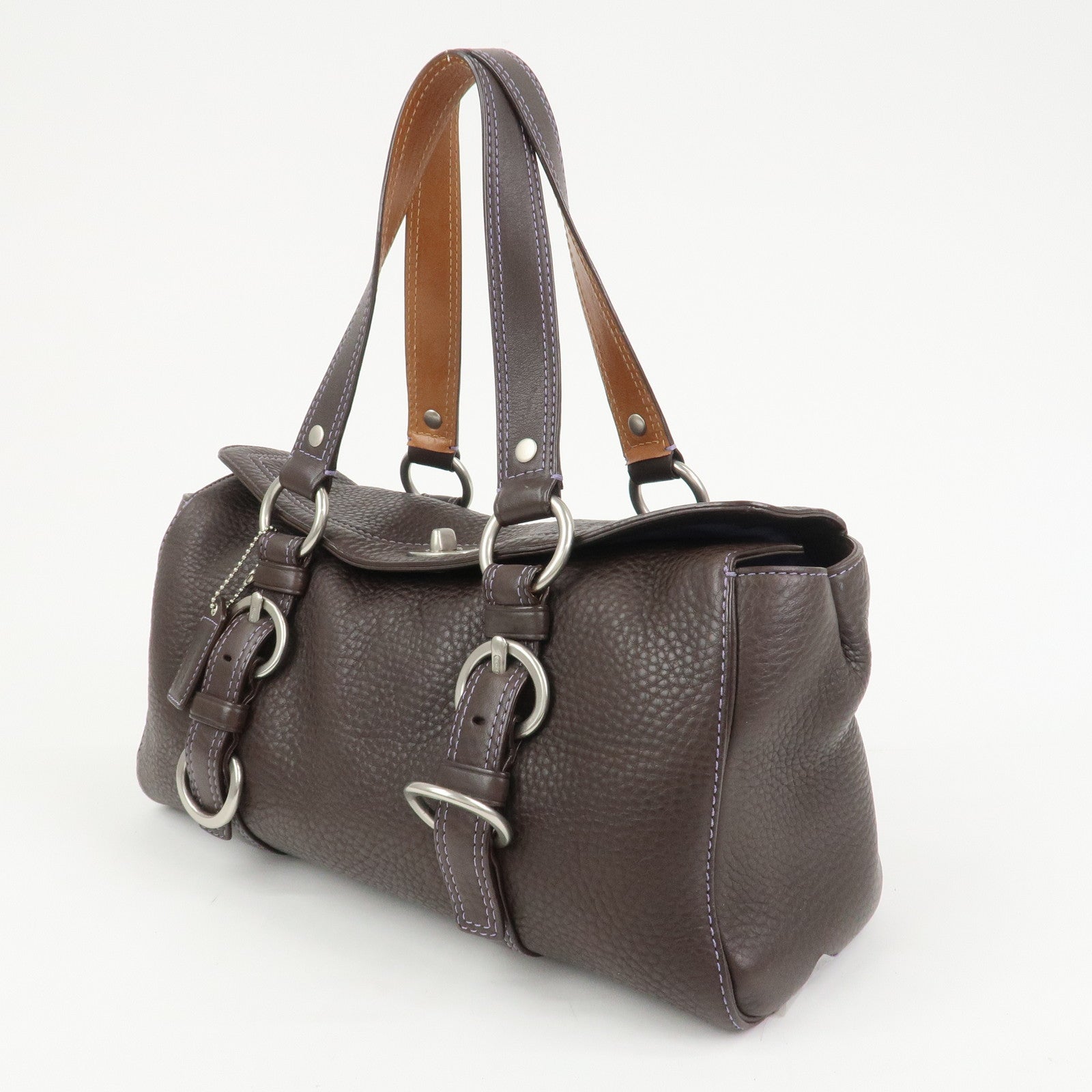 COACH Logo Leather Shoulder Bag Hand Bag Boston Bag Dark Brown