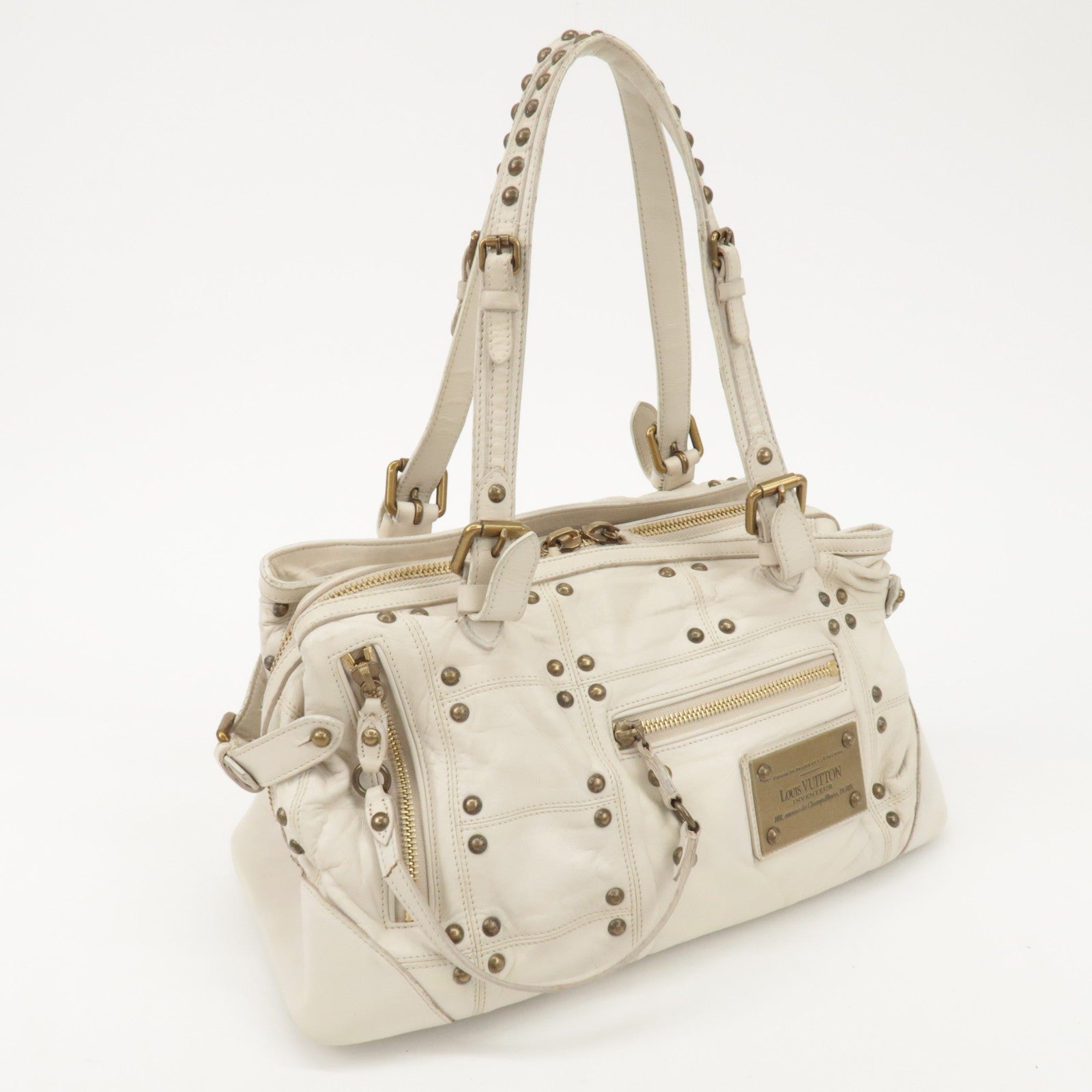 Louis Vuitton Cruise Line Leather Rivet Hand Bag Ecru M95345 Used