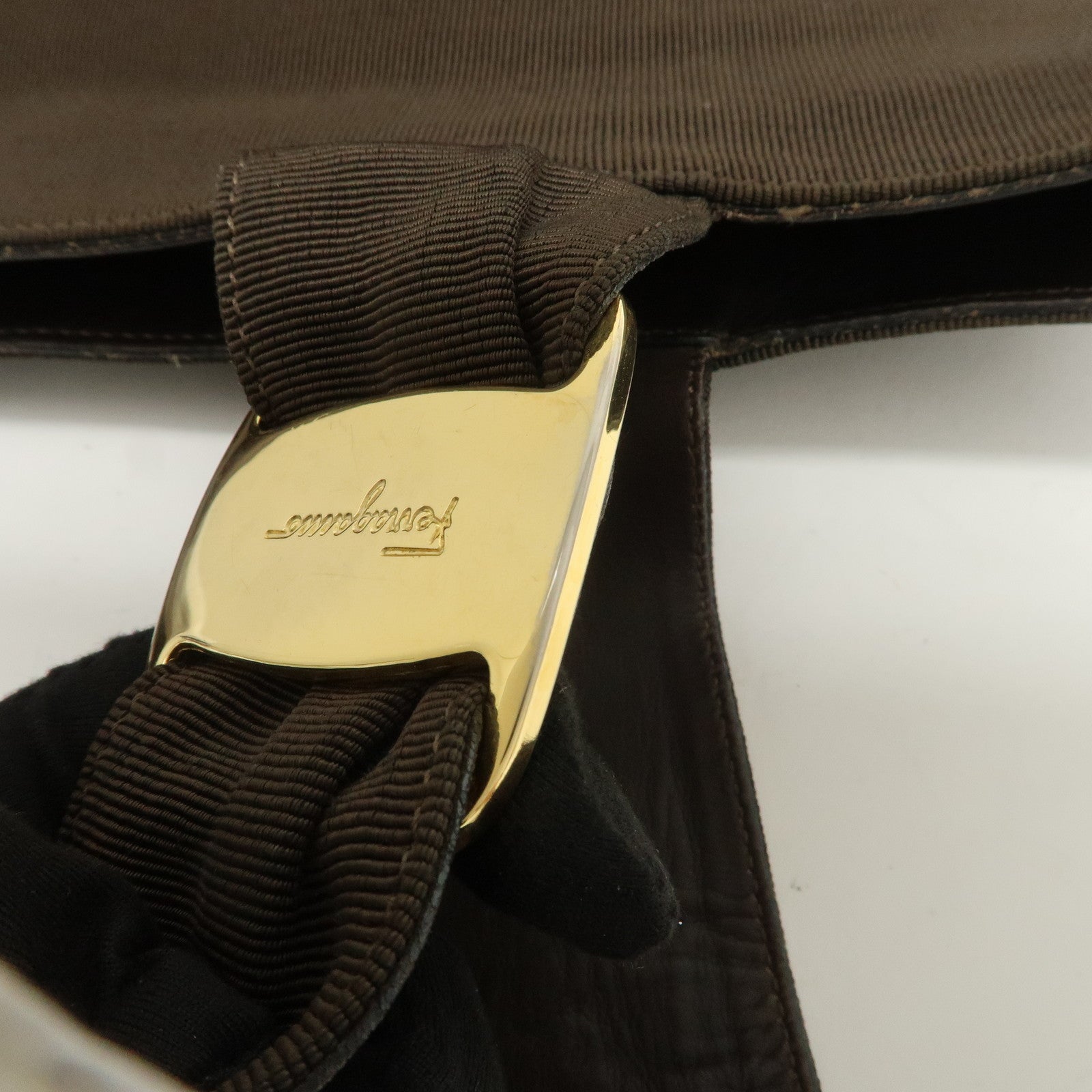 Ferragamo Vara Logo Canvas Tote Bag Shoulder Bag Brown