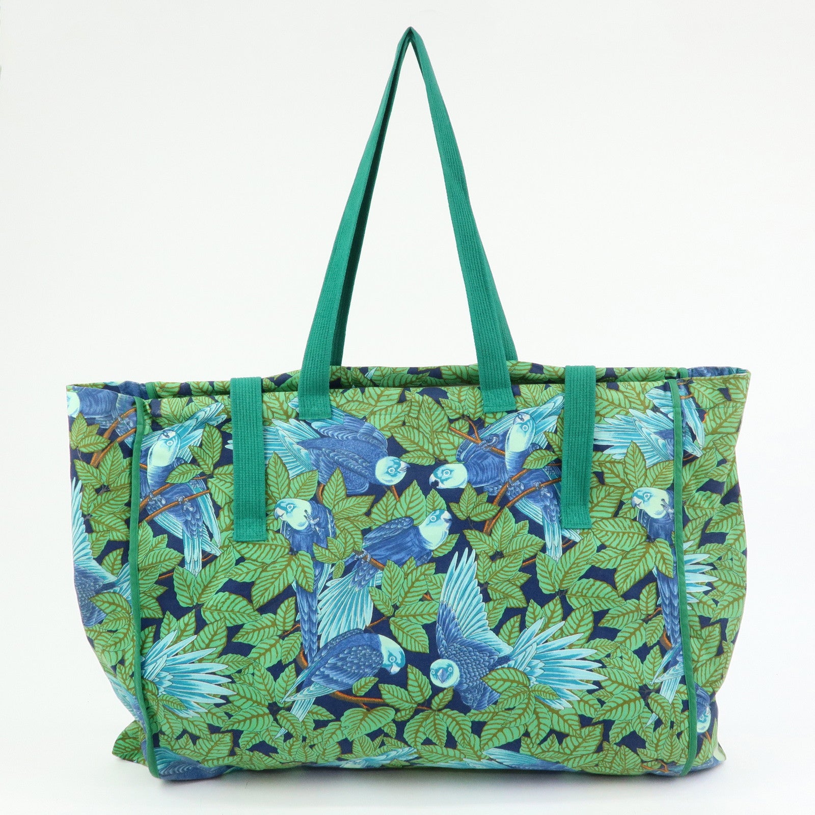 HERMES Canvas Large Beach Tote Bag Botanical Motif Blue Green