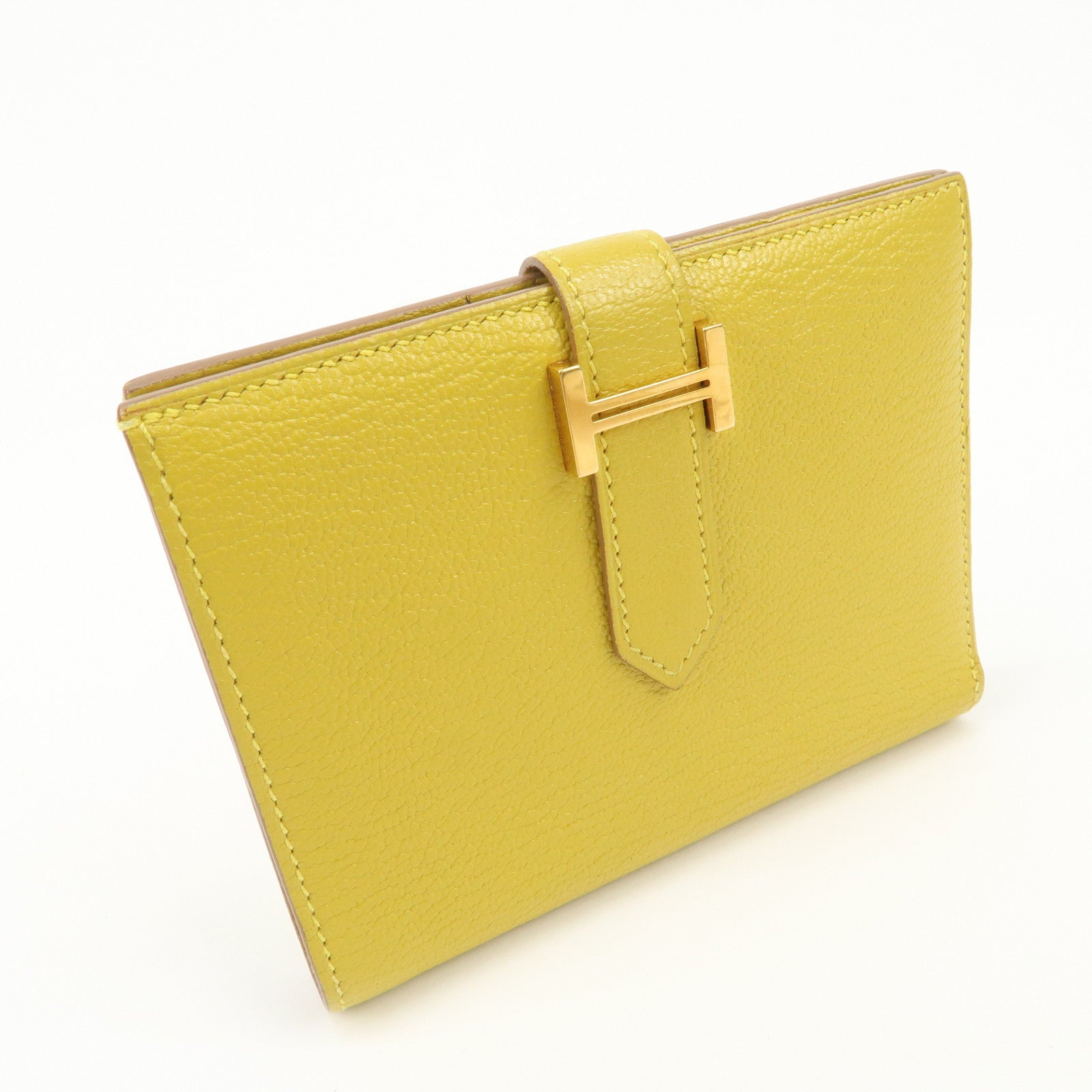 HERMES Leather Bearn Mini Compact Wallet D Stamped Yellow