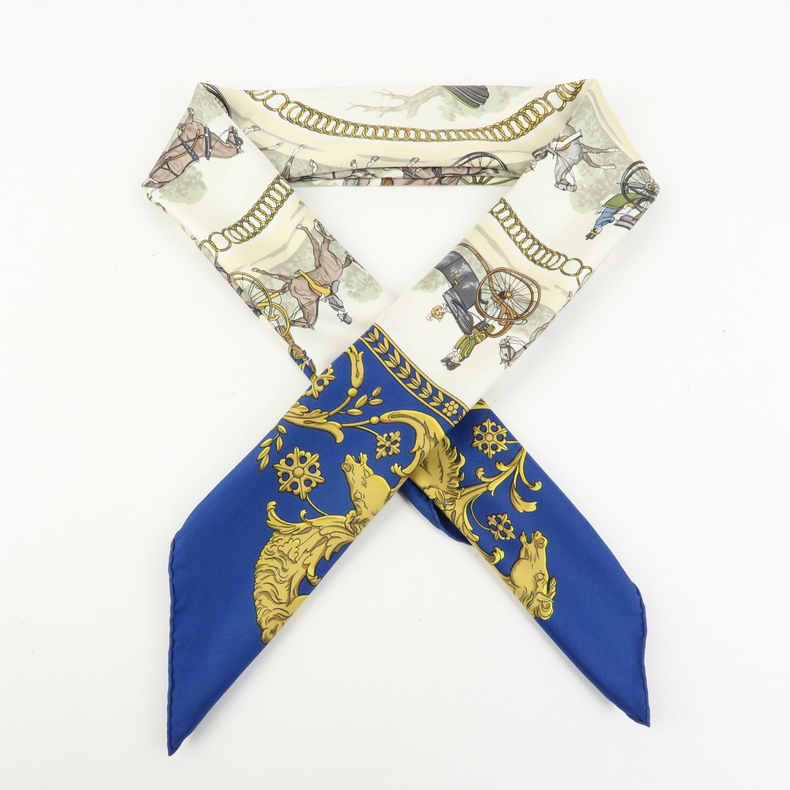 HERMES Carre 90 Silk 100% Scarf LA PROMENADE DE LONGCHAMPS Navy