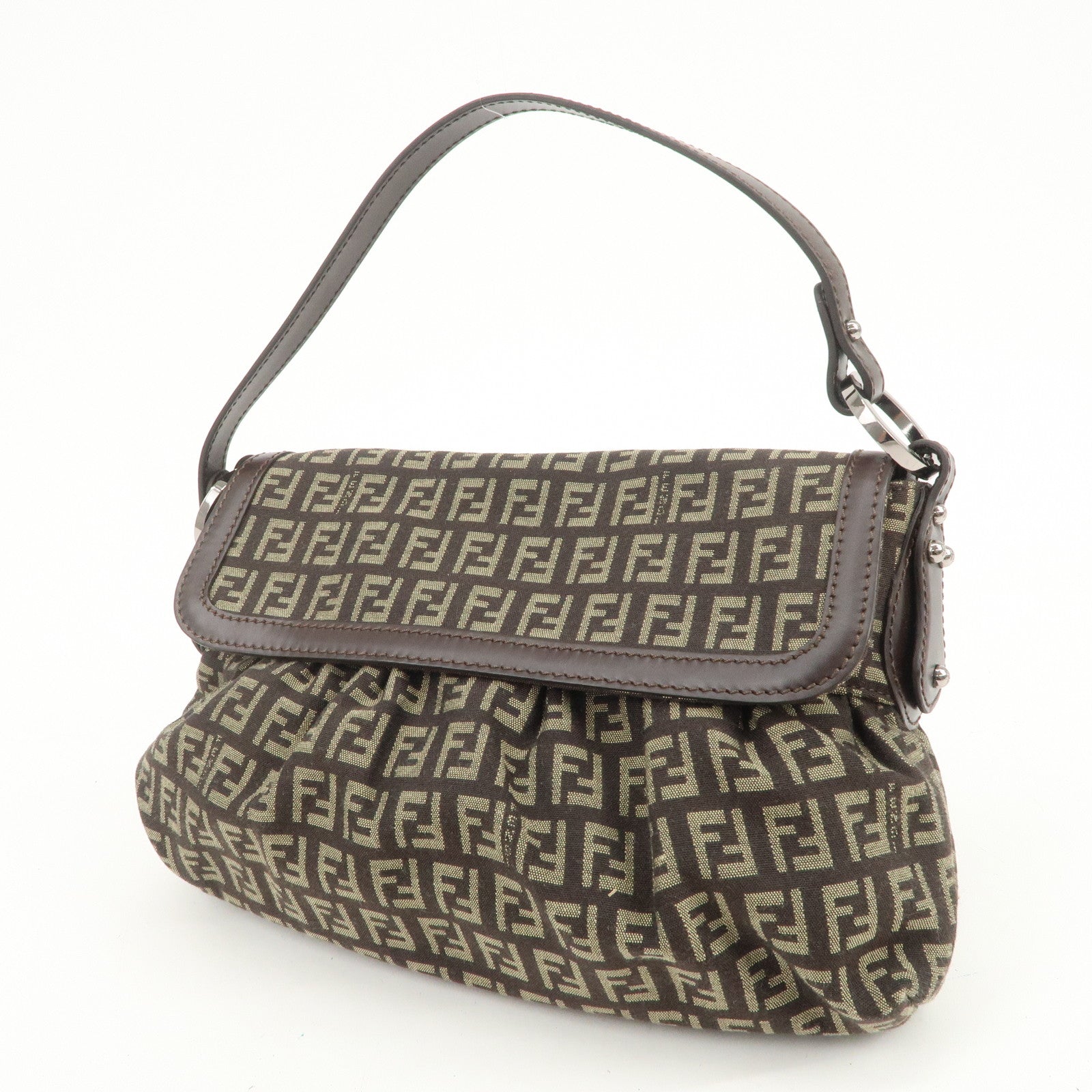 FENDI Zucchino Shoulder Bag Hand Bag Brown Silver 8BR353