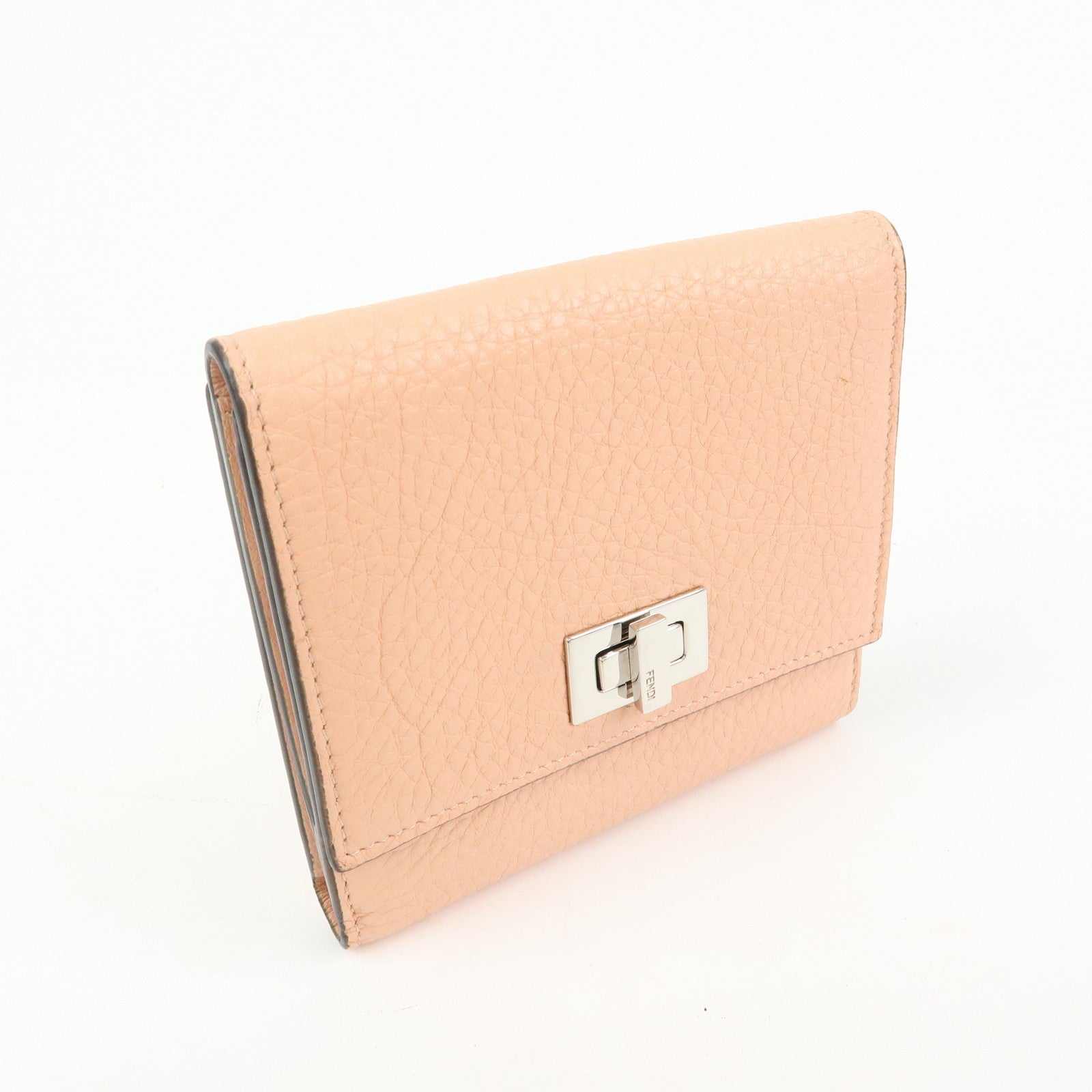 FENDI Selleria Leather Tri-fold Compact Wallet Pink Beige 8M0438