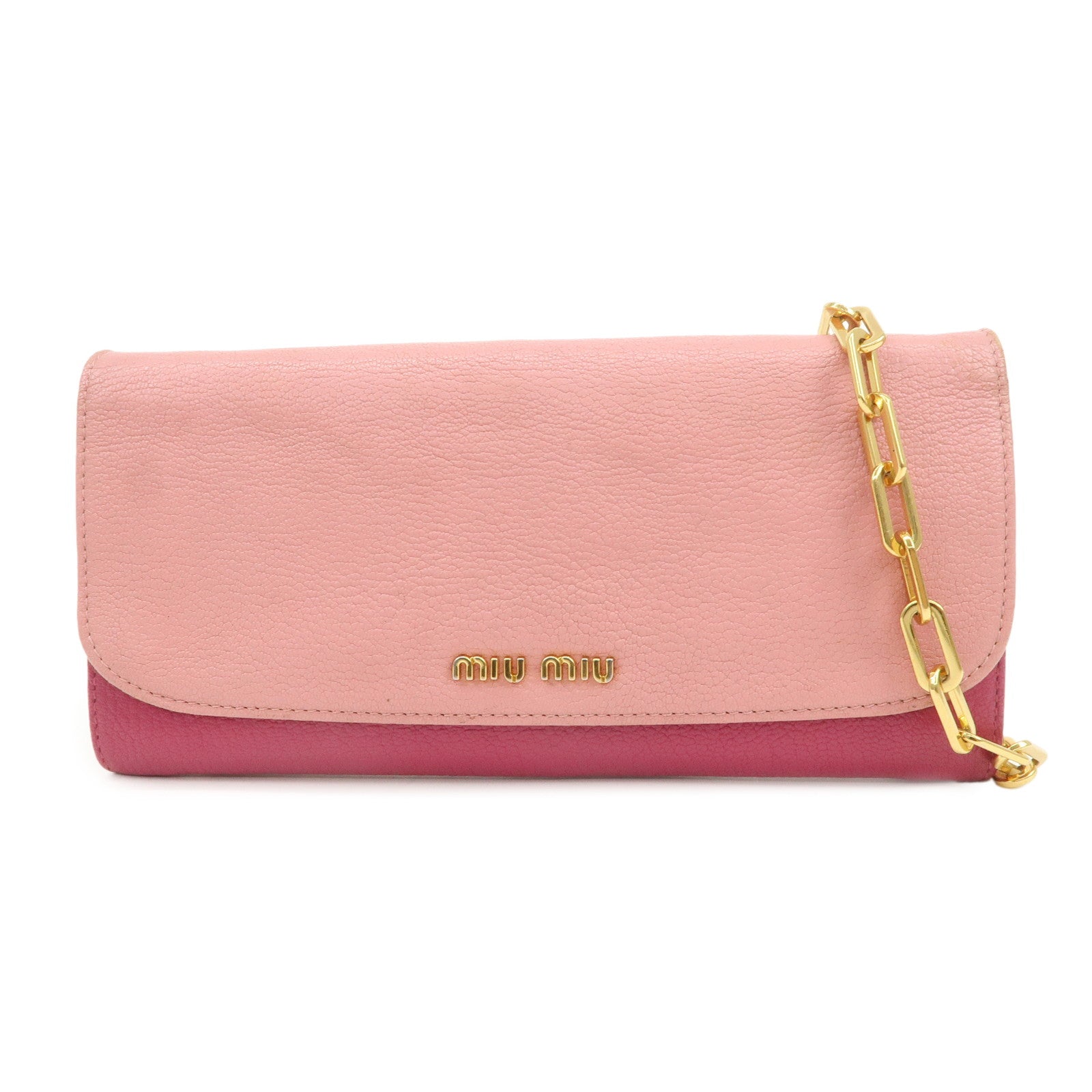 MIU MIU Logo Leather WOC Chain Shoulder Long Wallet Pink 5M1290