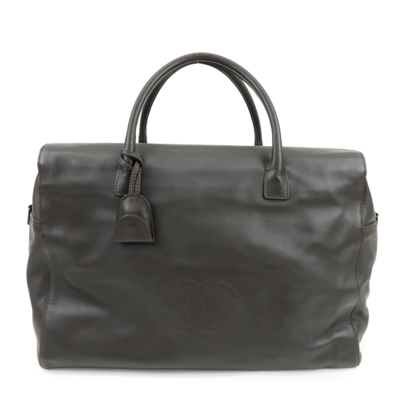 CHANEL COCO Mark Calf Skin Boston Bag Travel Bag Dark Brown