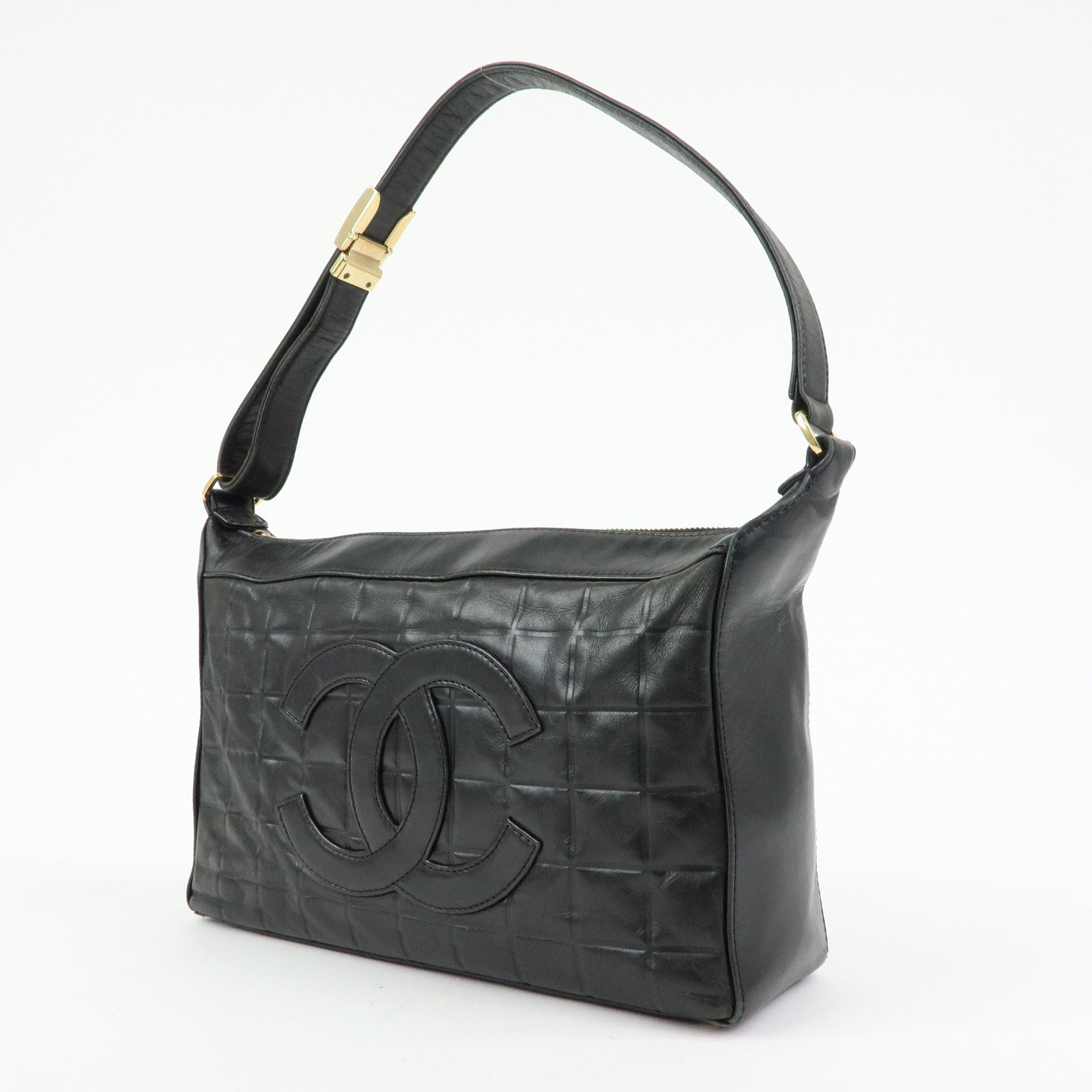 CHANEL Chocolate Bar COCO Mark Lamb Skin Hand Shoulder Bag Black