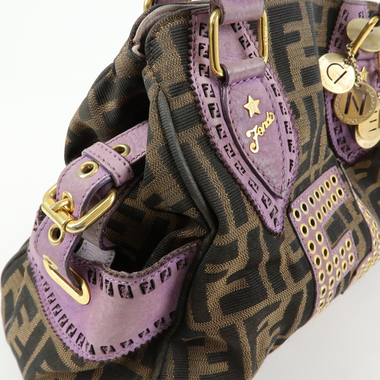 FENDI Ethnico Zucca Canvas Leather Shoulder Bag Brown Purple 8BN157
