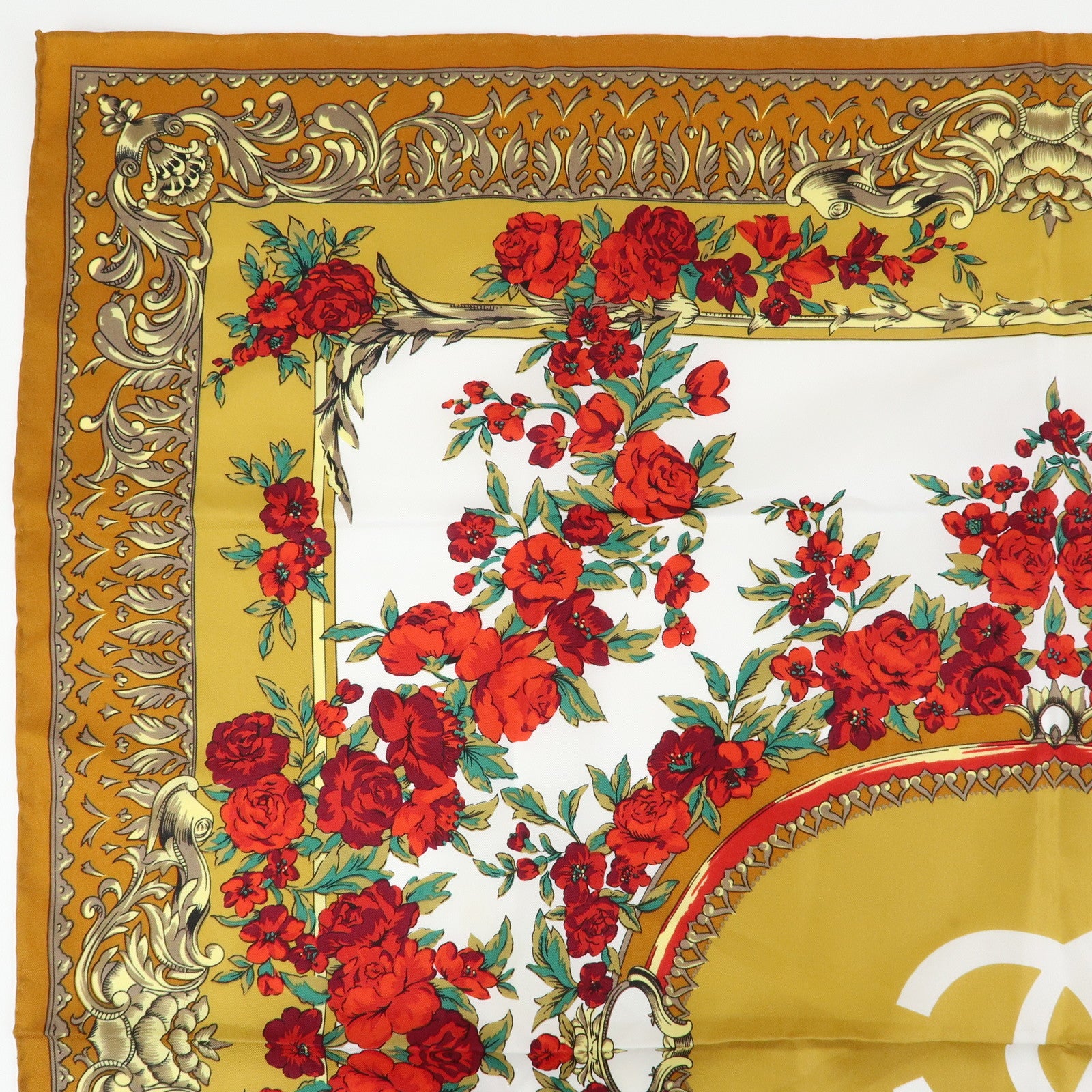 CHANEL Silk 100% Scarf COCO Mark Flower Motif Gold Red