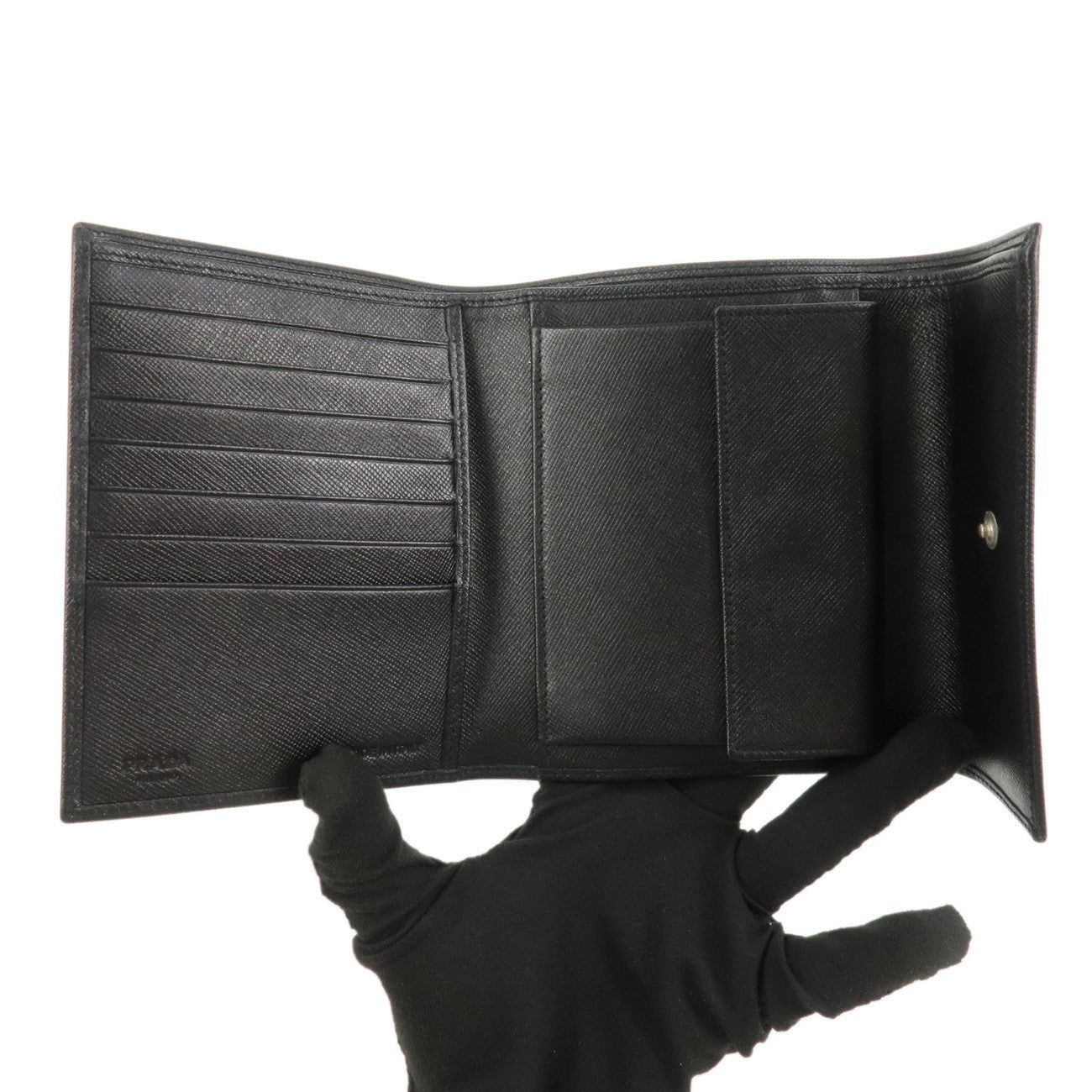 PRADA Triangle Logo Saffiano Leather Tri-fold Wallet Black M170A