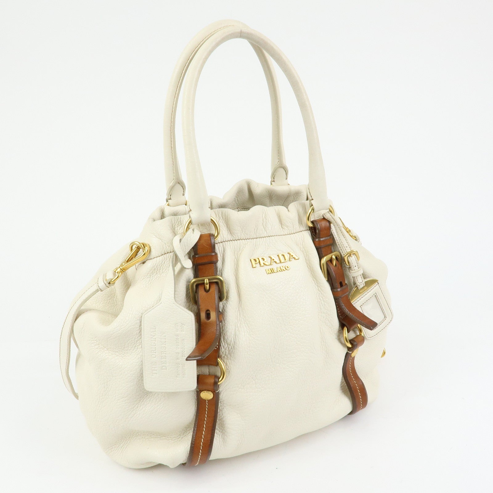 PRADA Leather 2Way Bag Hand Bag Shoulder Bag Ivory Brown BN1773