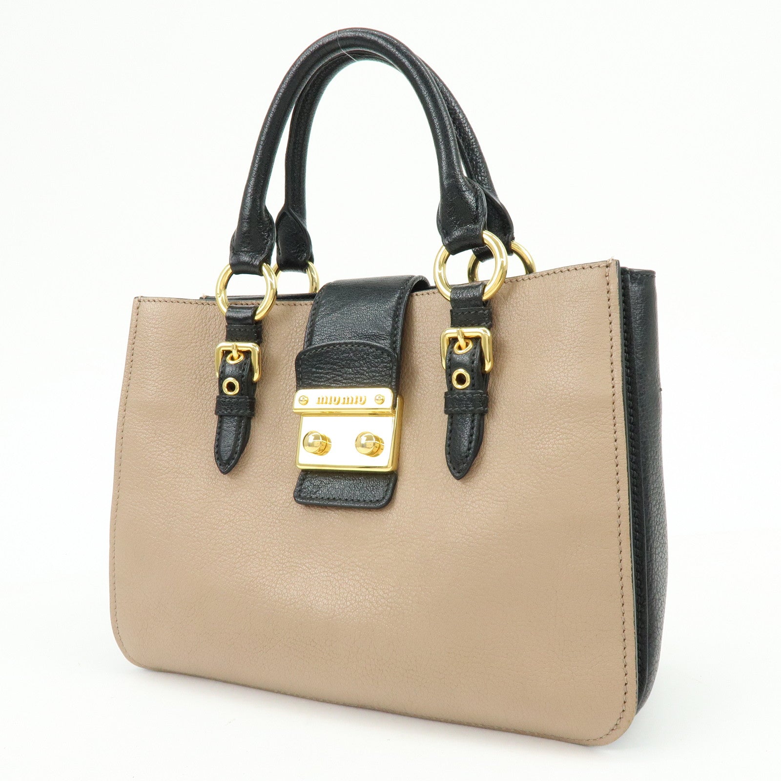 MIU MIU Madras Leather 2Way Hand Bag Bi-color Beige Black RN0799
