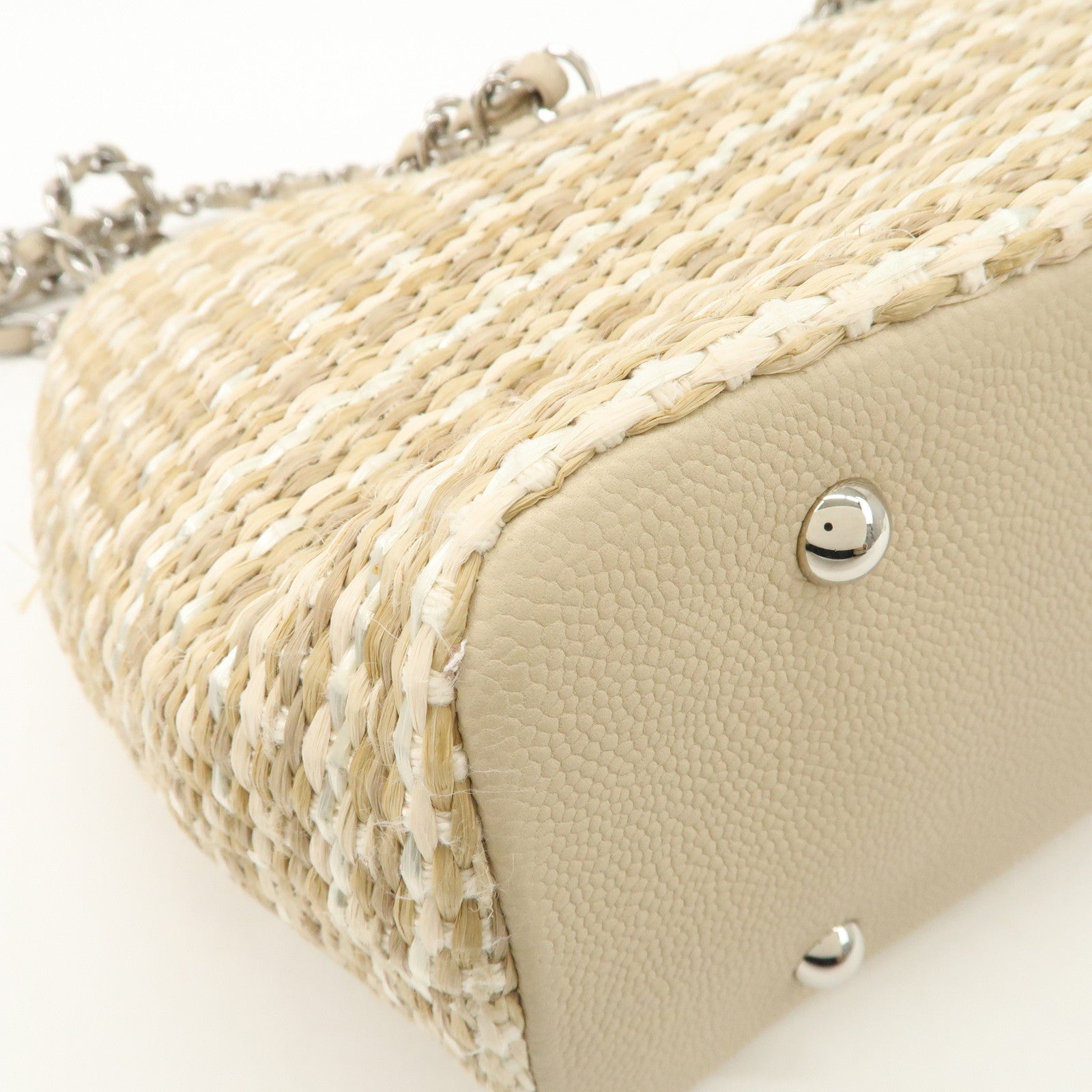 CHANEL Lether Raffia 2Way Bag Shoulder Bag Hand Bag Beige