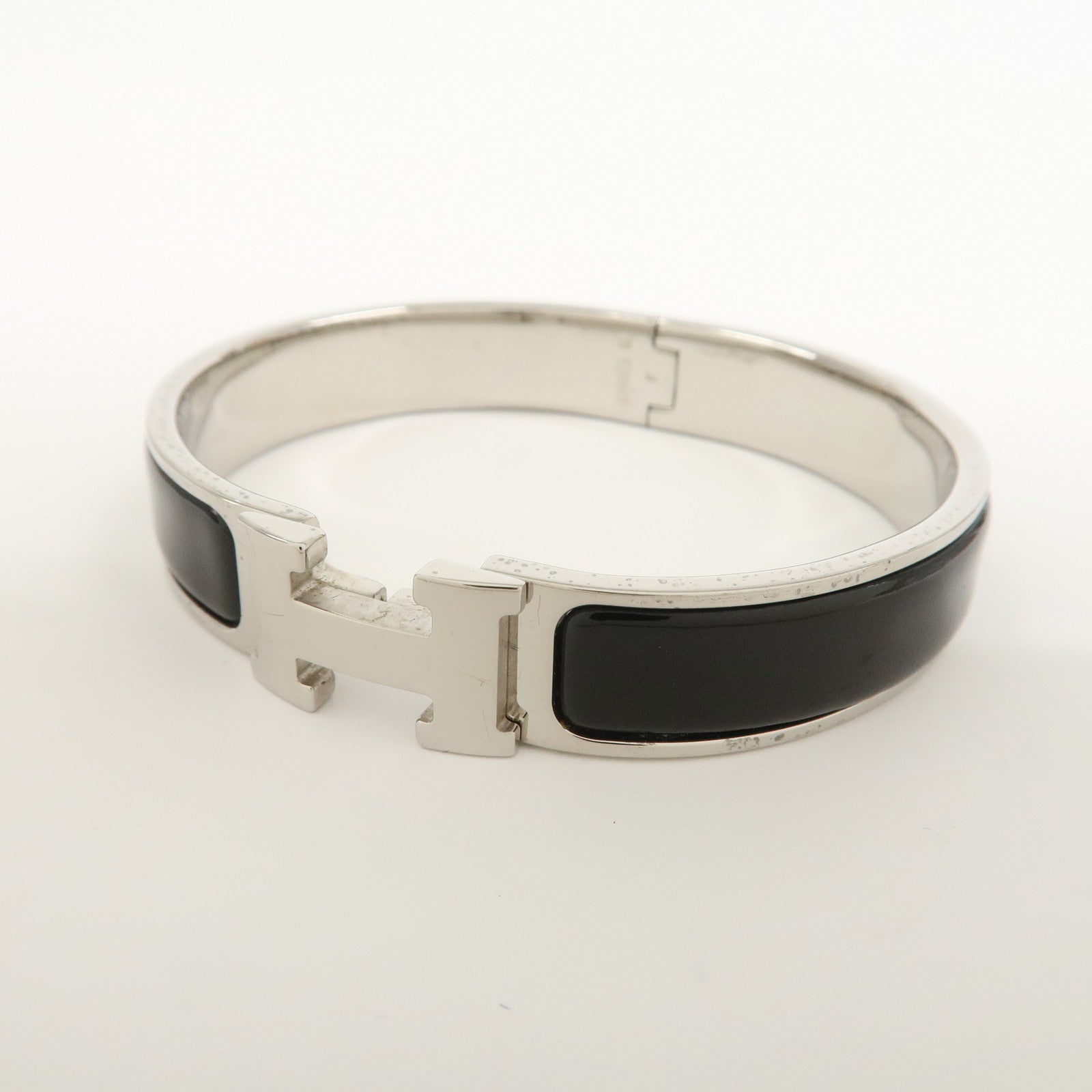 HERMES Clic Clac PM Metal Bracelet Bangle Silver Dark Brown