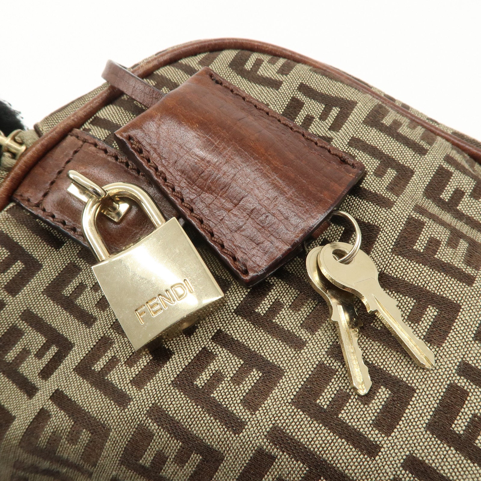 FENDI Zucchino Canvas Leather Boston Bag Brown Beige 8BL068 Used