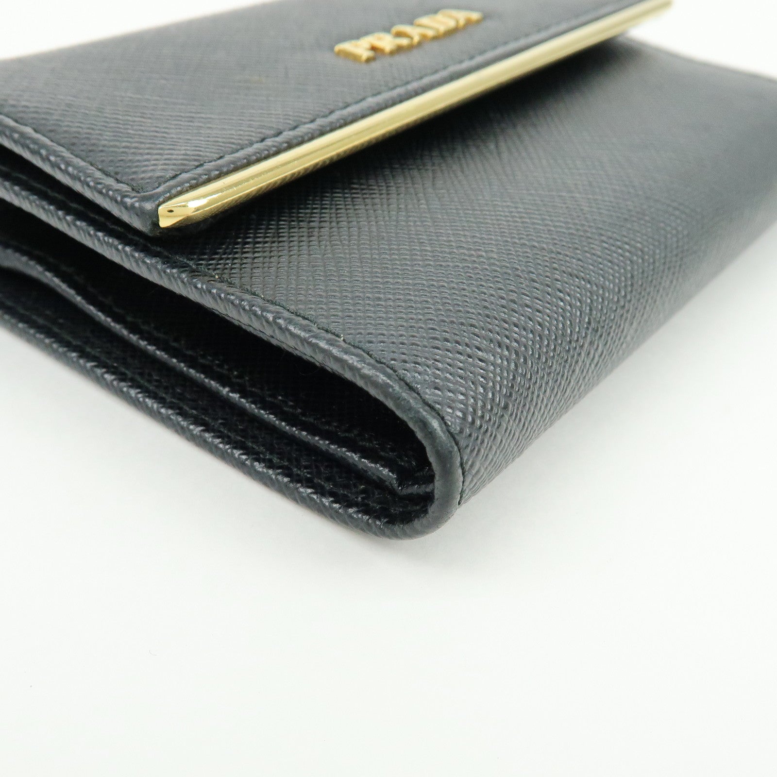 PRADA Saffiano Leather Bi-fold Compact Wallet Black Gold 1MH840