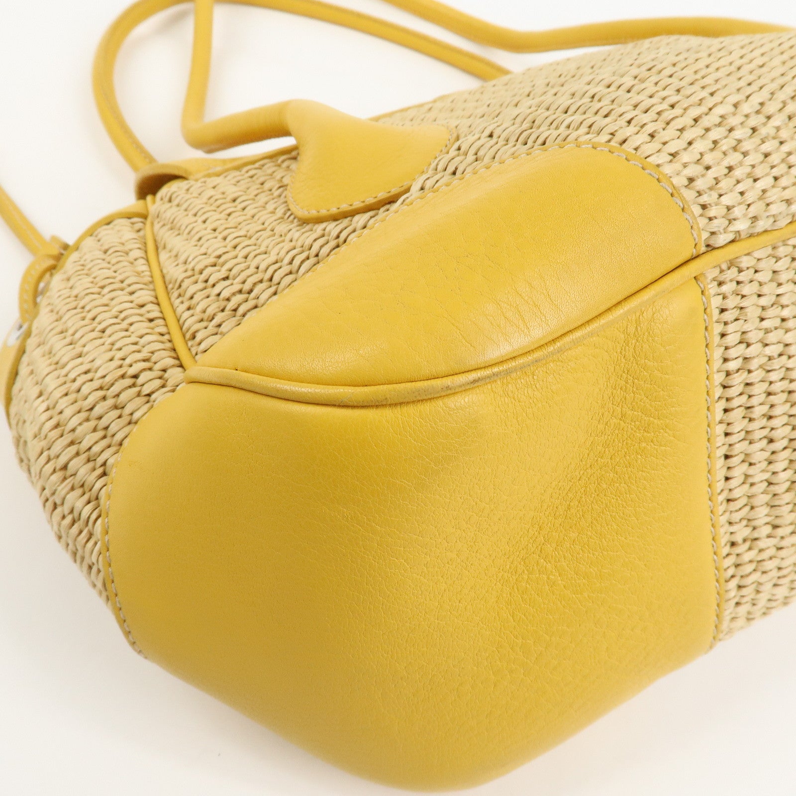 PRADA Triangle Logo Leather Raffia Tote Bag Beige Yellow Used