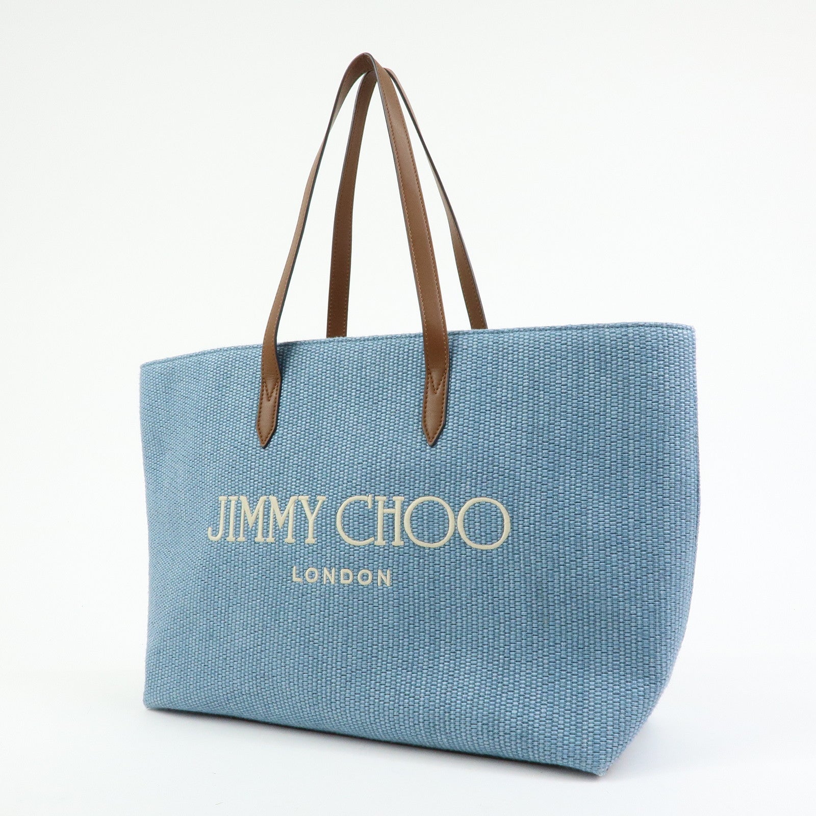 JIMMY CHOO Raffia Leather Tote Bag Shoulder Bag Blue Brown