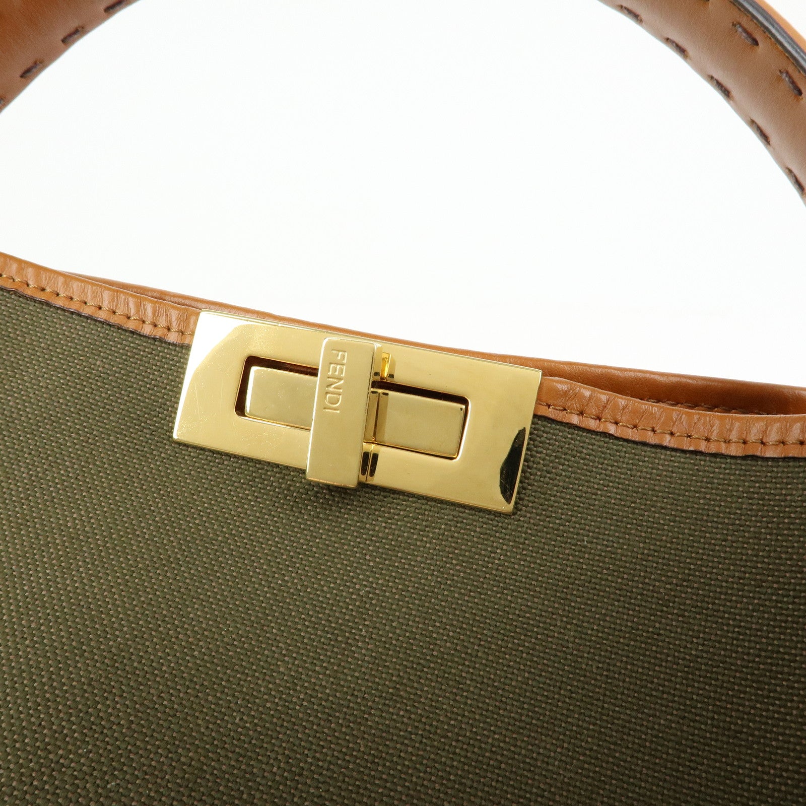 FENDI Peekaoo Canvas Leather Hand Bag Khaki Brown 8BN304