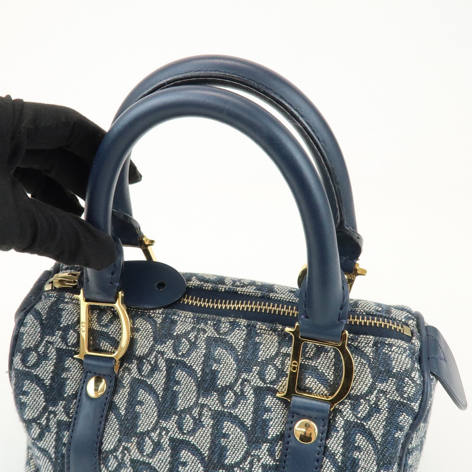 Christian Dior Trotter Canvas Leather Mini Boston Bag Hand Bag Navy