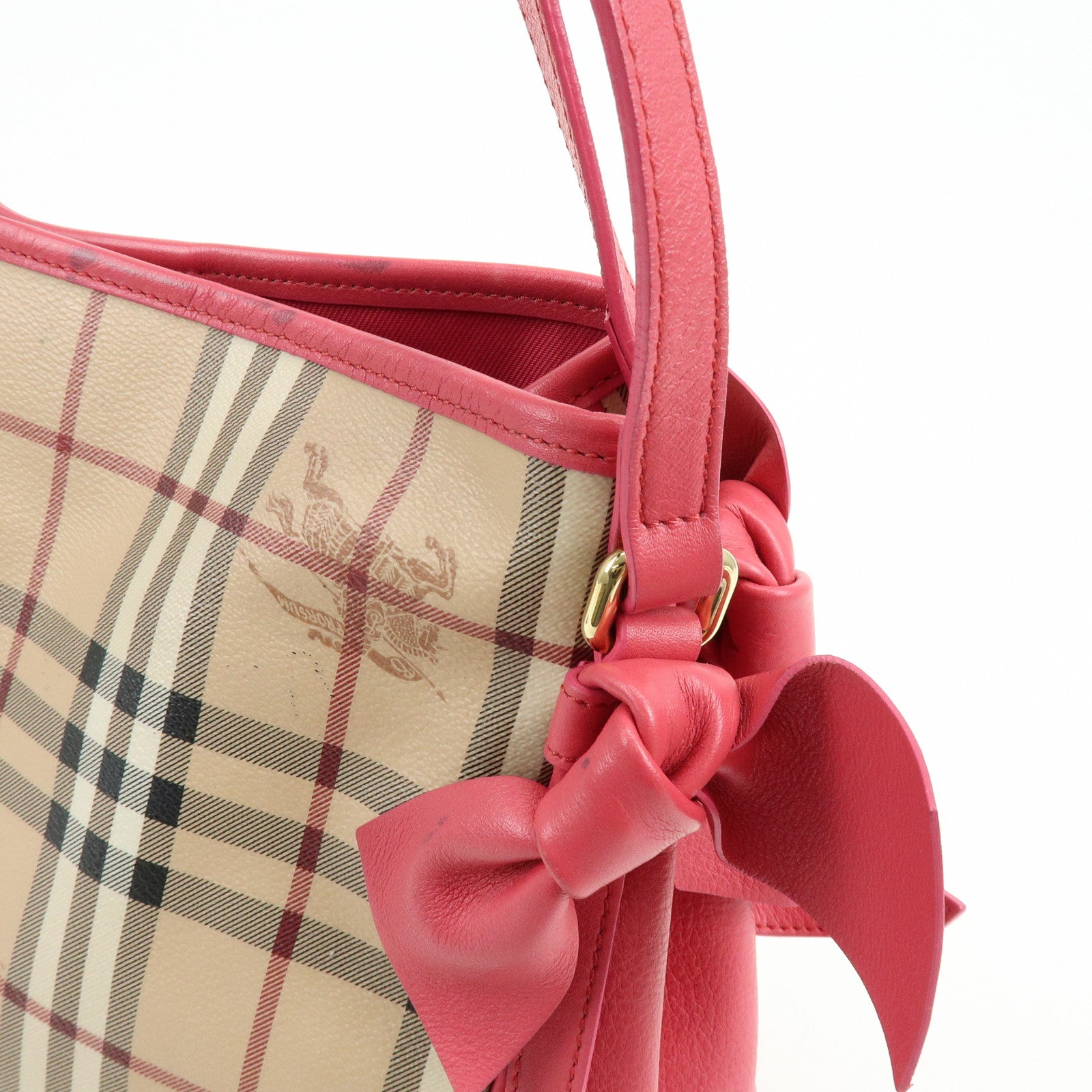 BURBERRY Side Ribbon PVC Leather Hand Bag Nova Plaid Brown Pink