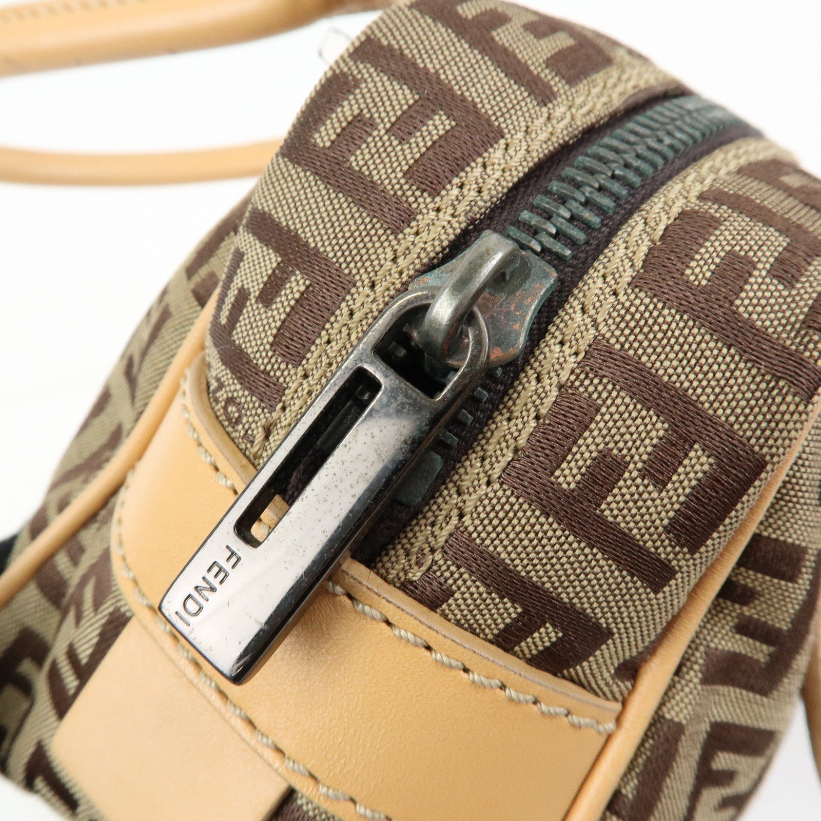 FENDI Zucchino Canvas Leather Small Boston Hand Bag Brown 8BN004