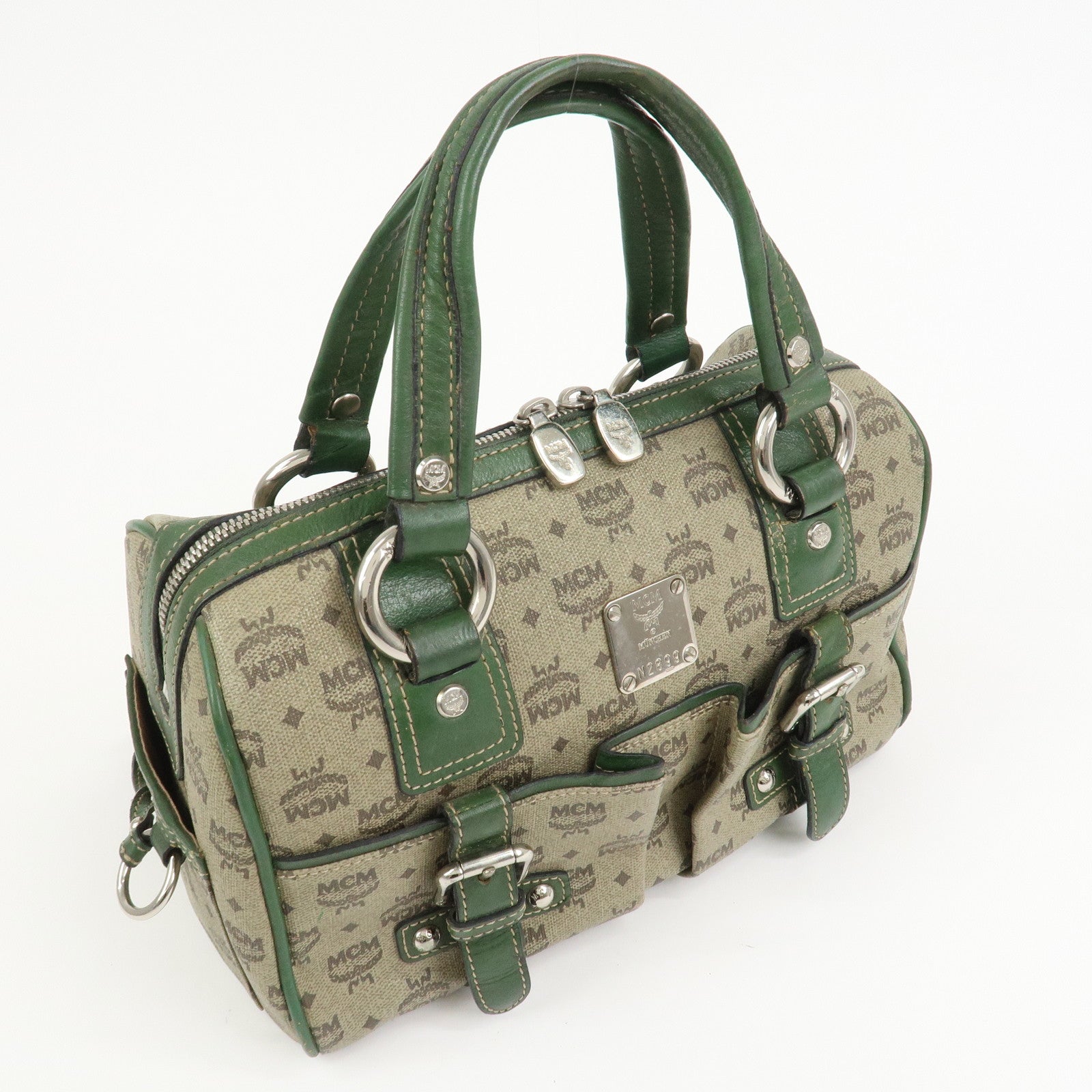 MCM Visetos PVC Coating Canvas Leather Boston Bag Beige Green