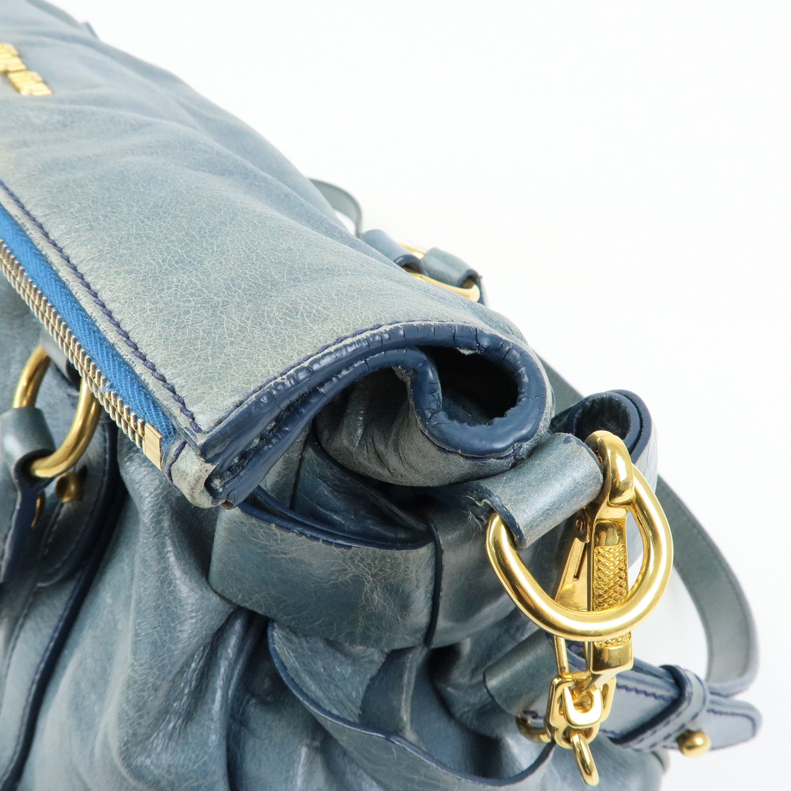 MIU MIU Side Ribbon Vittello Lux 2Way Bag Hand Shoulder Bag Blue