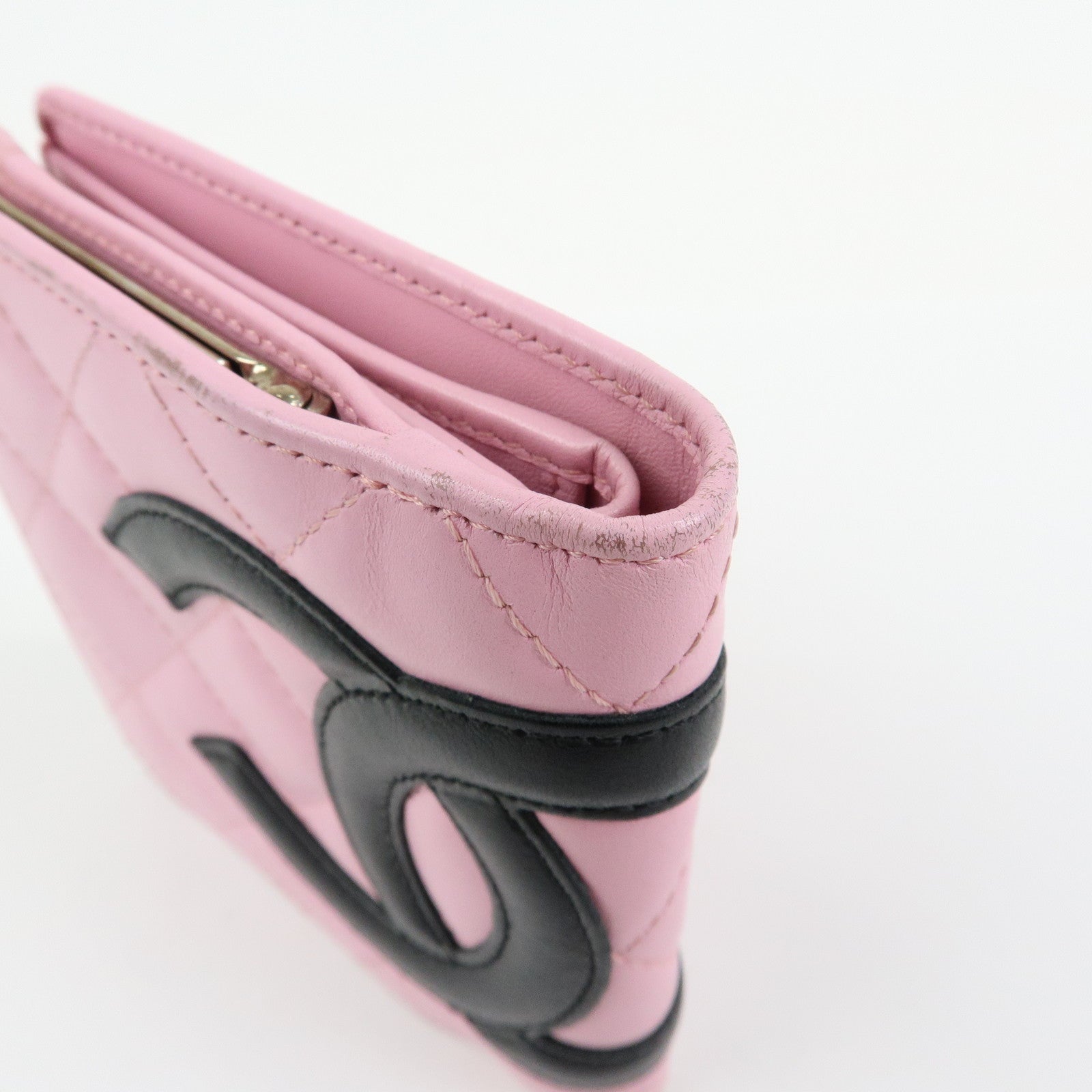 CHANEL Cambon Line Matelasse Lamb Skin Bi-fold Compact Wallet Pink