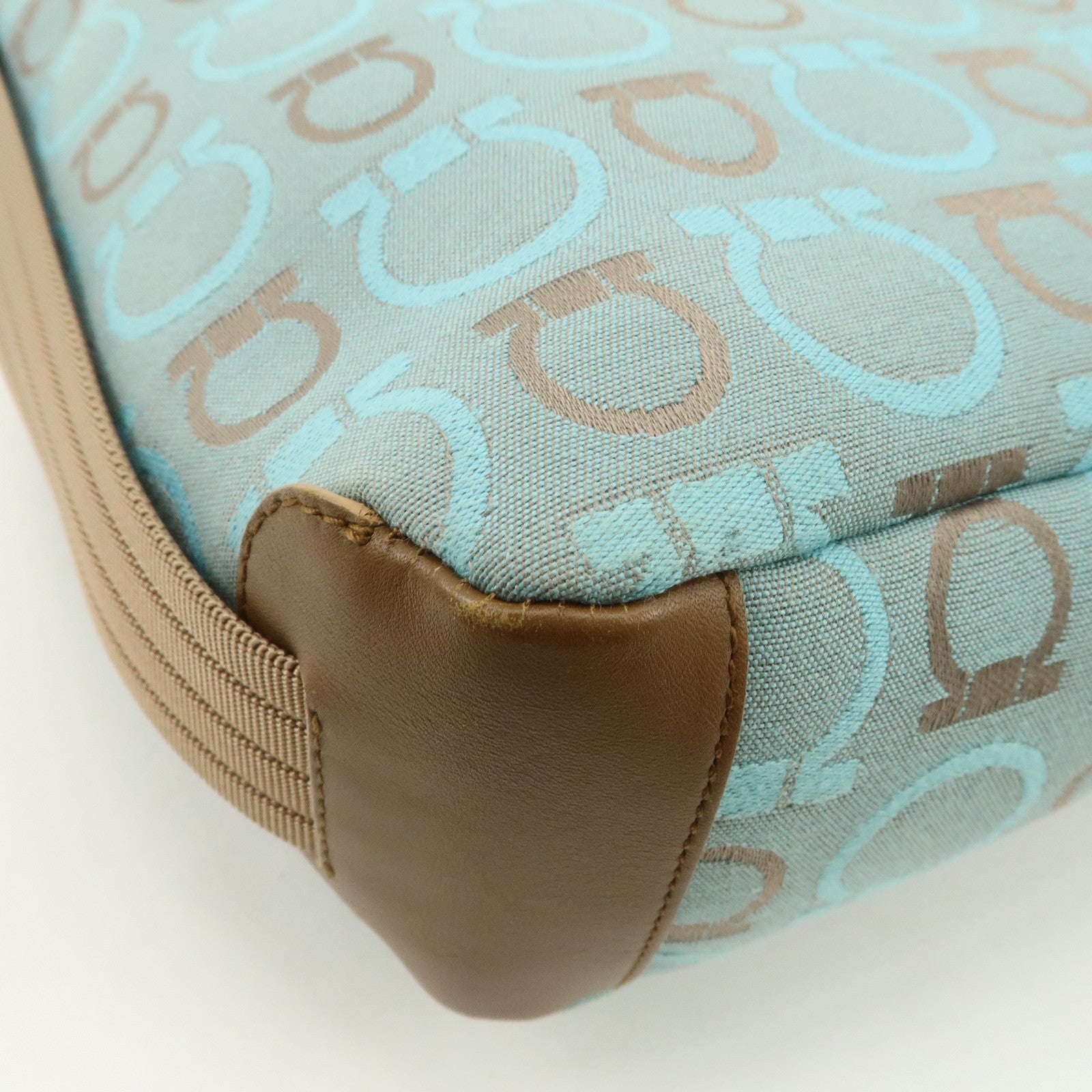 Ferragamo Gancini Canvas Leather Shoulder Bag Light Blue Brown