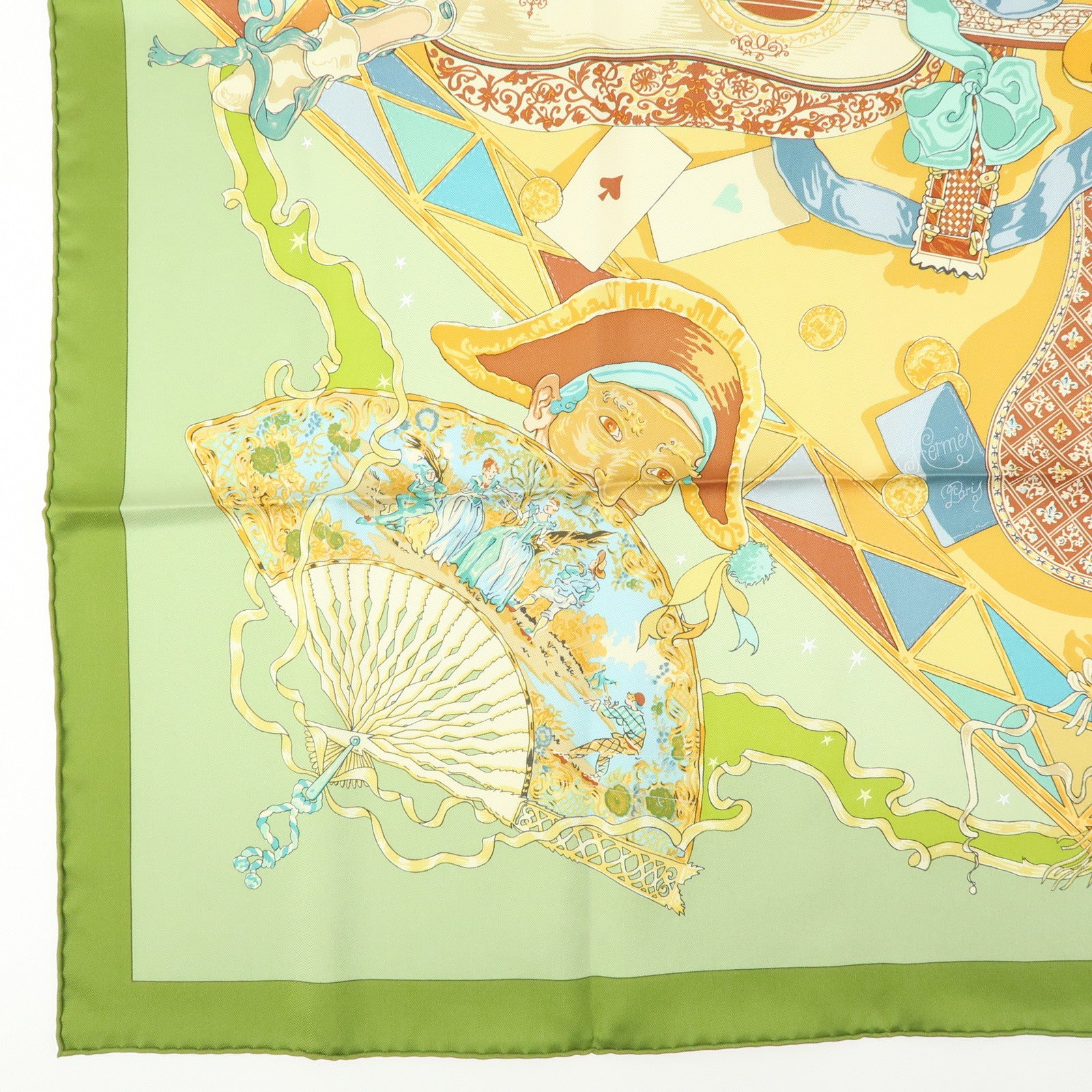 HERMES Carre90 Silk100% Scarf Mon Ami Pierrot Green Yellow Beige