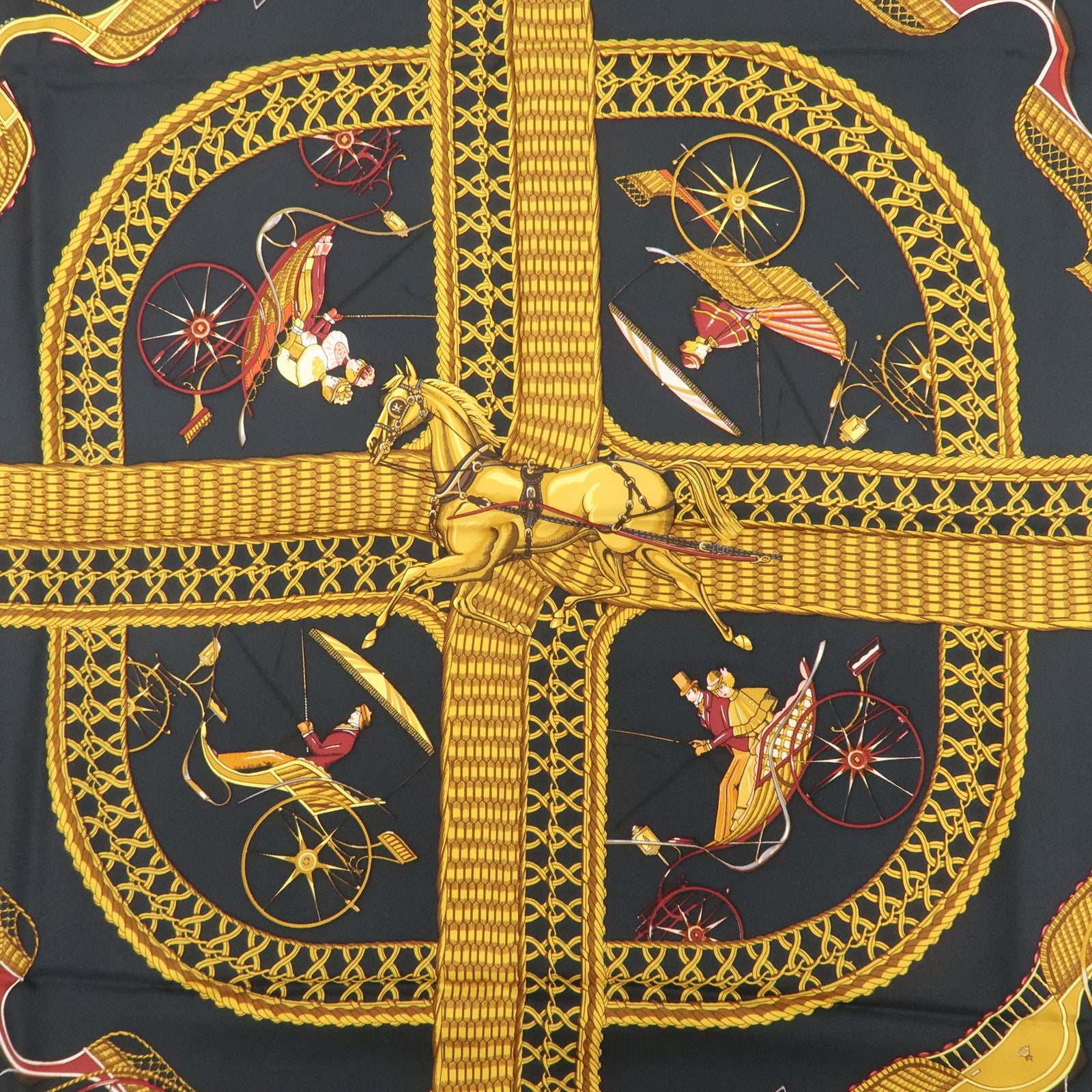 HERMES Carre 90 Silk 100% Scarf GRAND APPARAT Black Gold Used