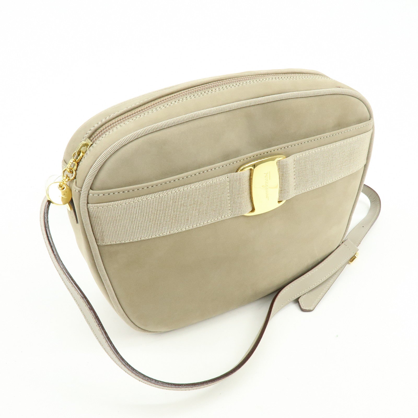 Ferragamo Vara Leather Shoulder Bag Crossbody Bag Greige