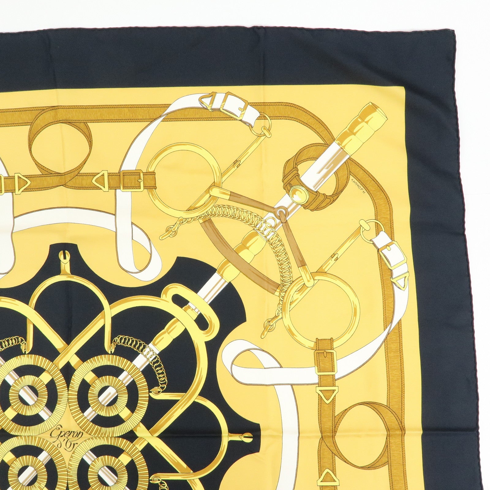 HERMES Carre 90 Silk 100% Eperon d'or Scarf White Navy