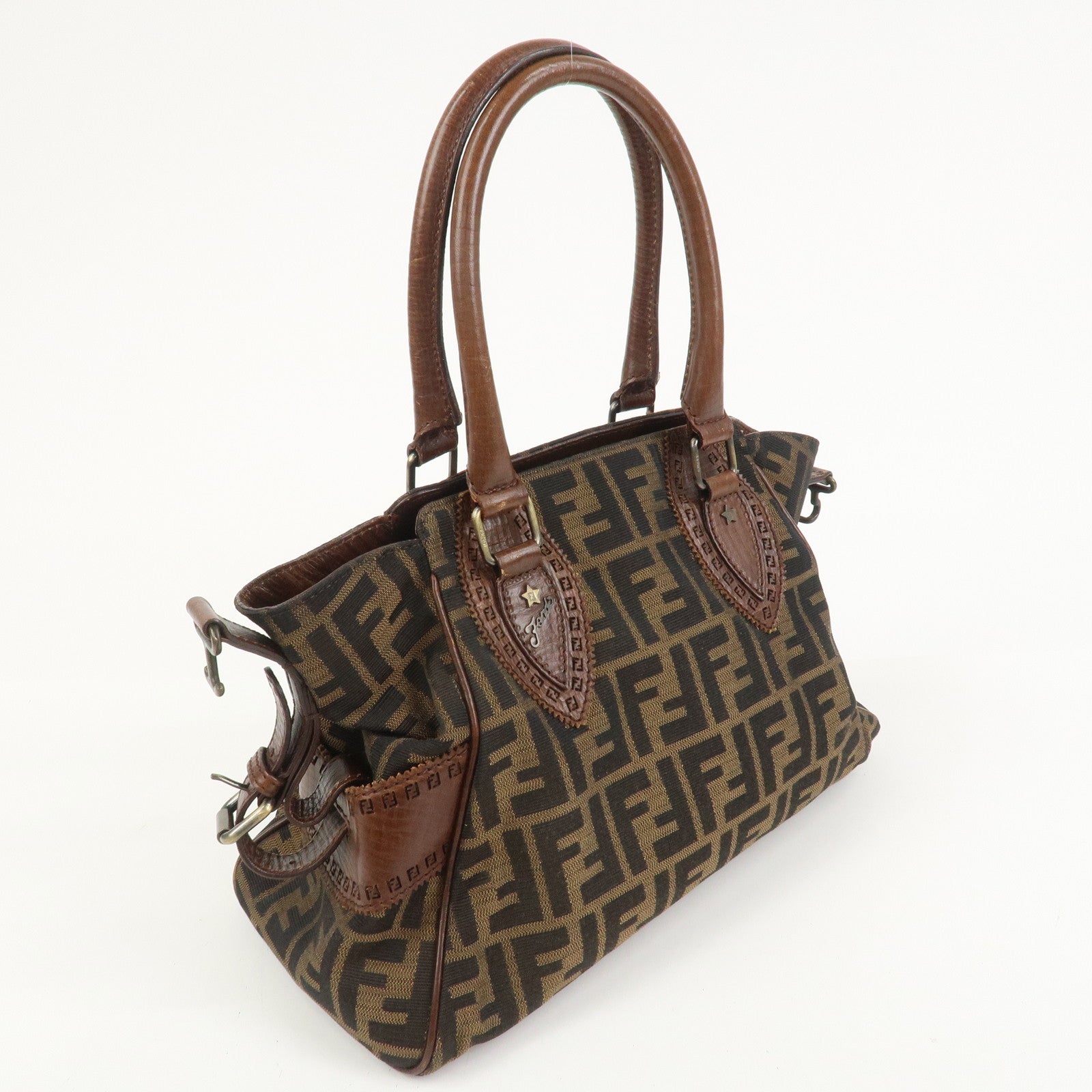 FENDI Etnico Zucca Canvas Leather Shoulder Bag Brown Black 8BN157