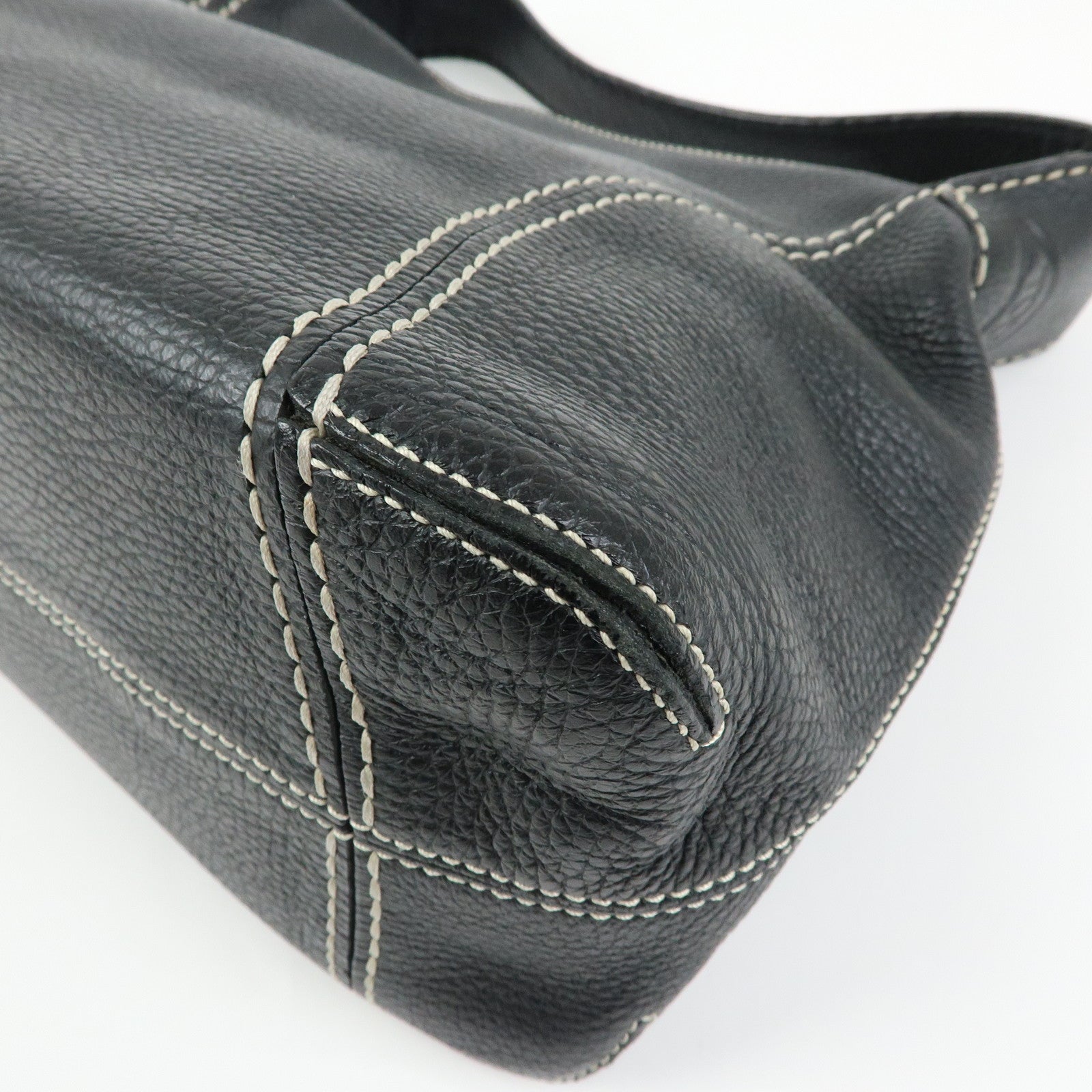 TOD'S Logo Stitches Leather Shoulder Bag Hand Bag Black