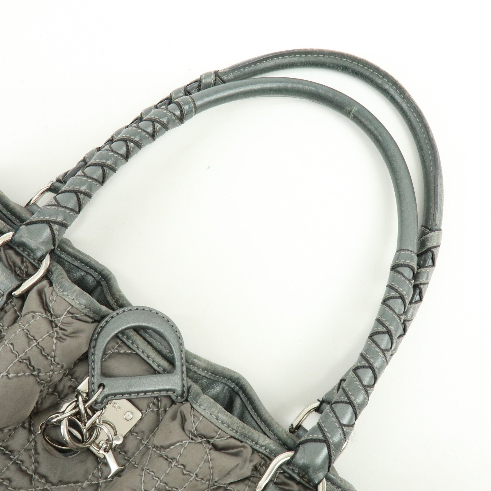 Christian Dior Cannage Nylon Leather Tote Bag Shoulder Bag Gray