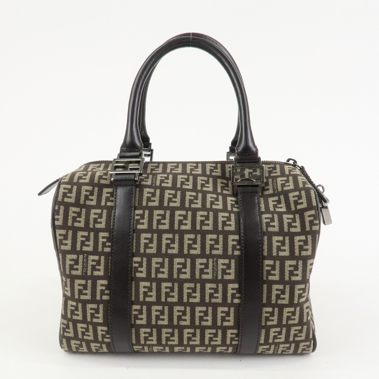 FENDI Zucchino Canvas Leather Hand Bag Boston Bag Brown 8BL068