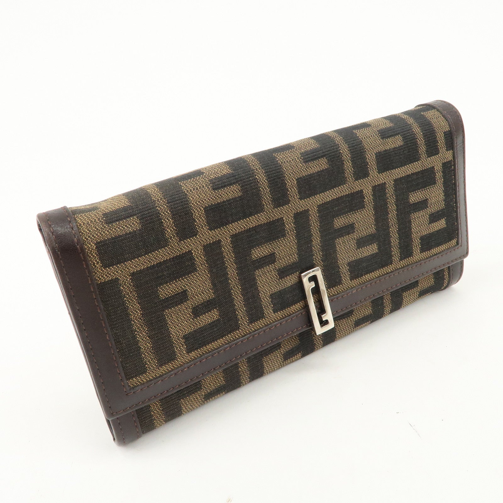 FENDI Zucca Canvas Leather Flap Long Wallet Brown 31084