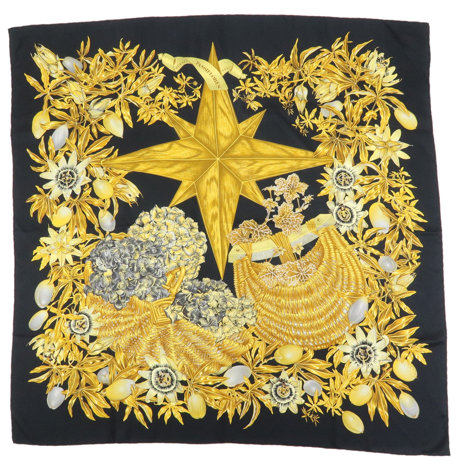 HERMES Carre 90 Silk 100% Scarf PASSIFLORES Flower Print Black Gold