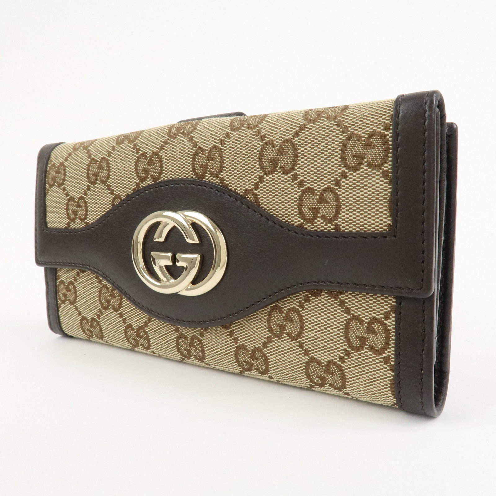 GUCCI Interlocking G GG Canvas Double Flap Long Wallet Brown 282426