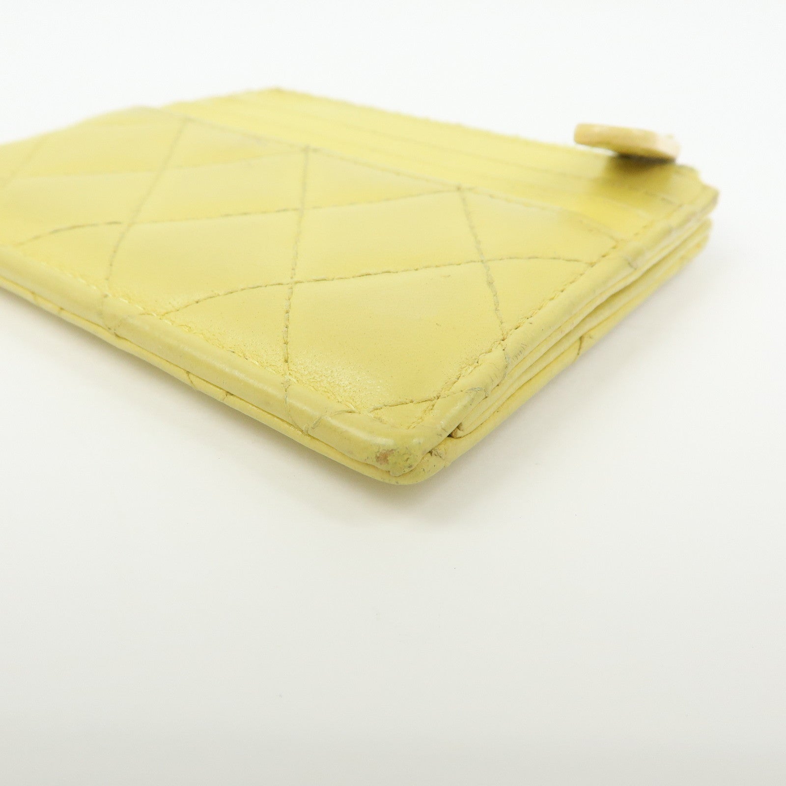 CHANEL Matelasse COCO Mark Lamb Skin Card Case Card Holder Yellow