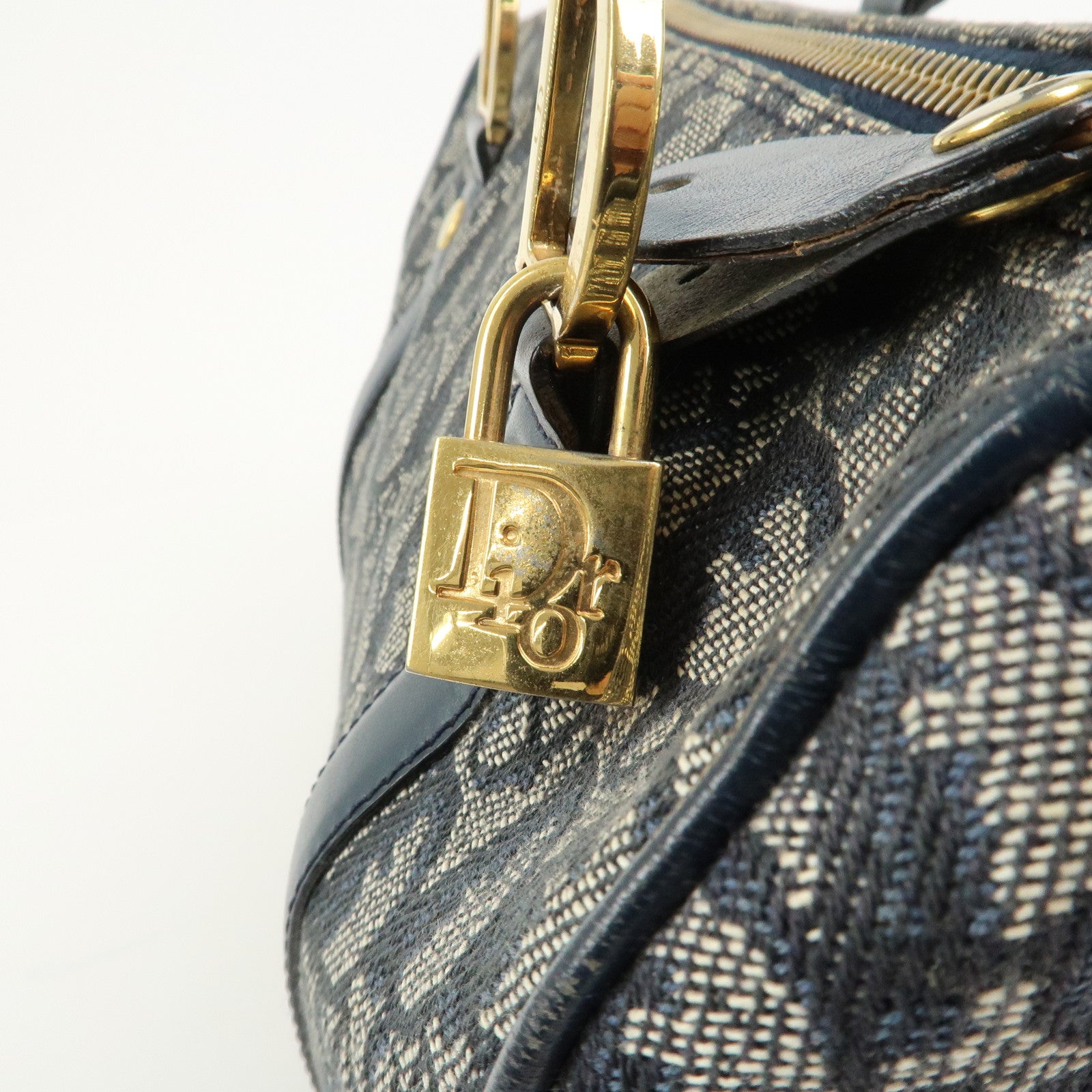 Christian Dior Oblique Canvas Leather Boston Bag Hand Bag Navy