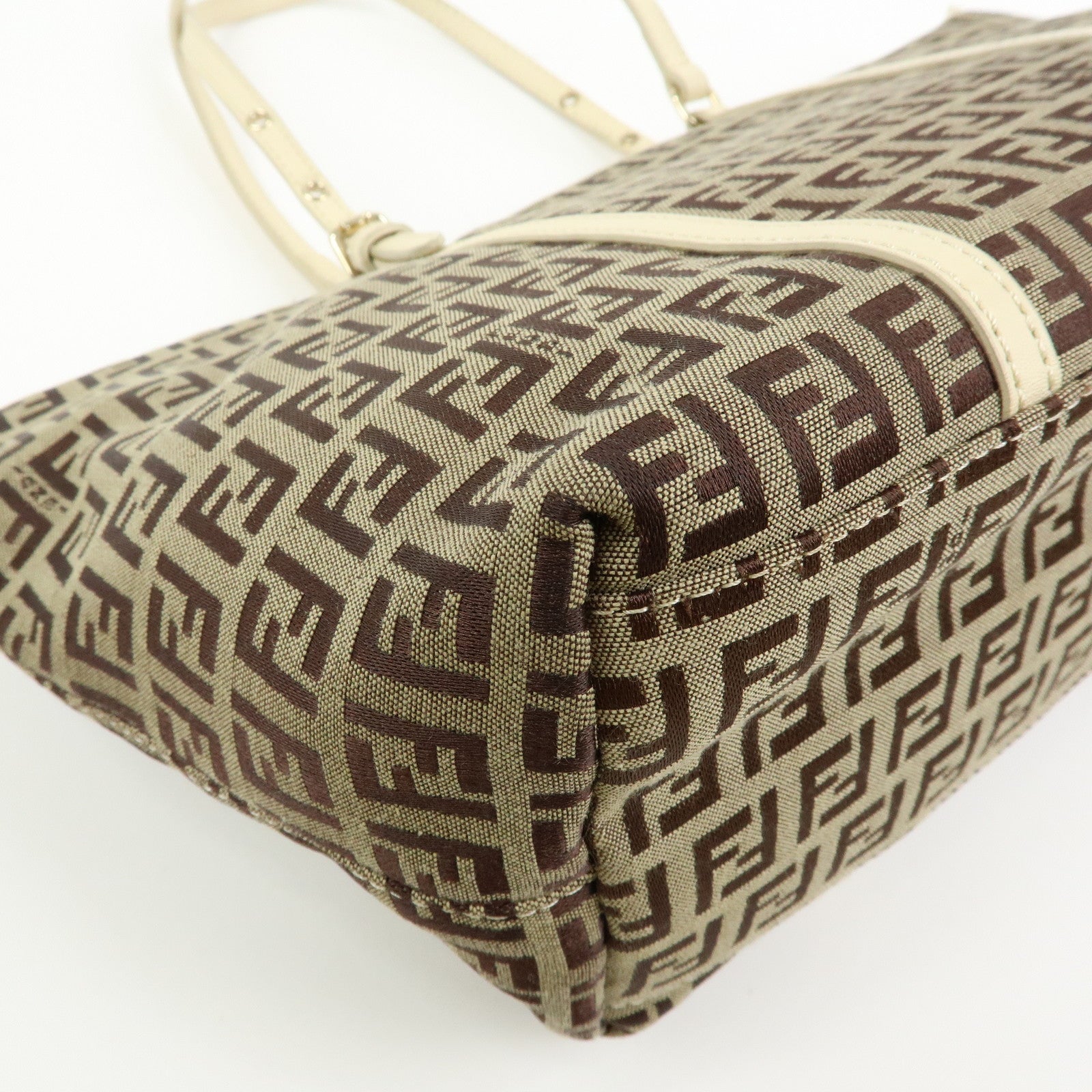 FENDI Zucchino Canvas Leather Tote Bag Hand Bag Brown Ivory 8BH214