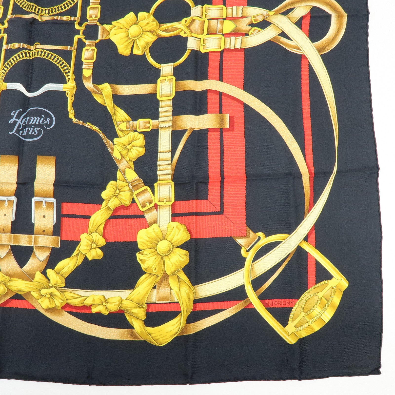 HERMES Carre 90 Silk 100% Scarf Grand Manege Black Gold Red