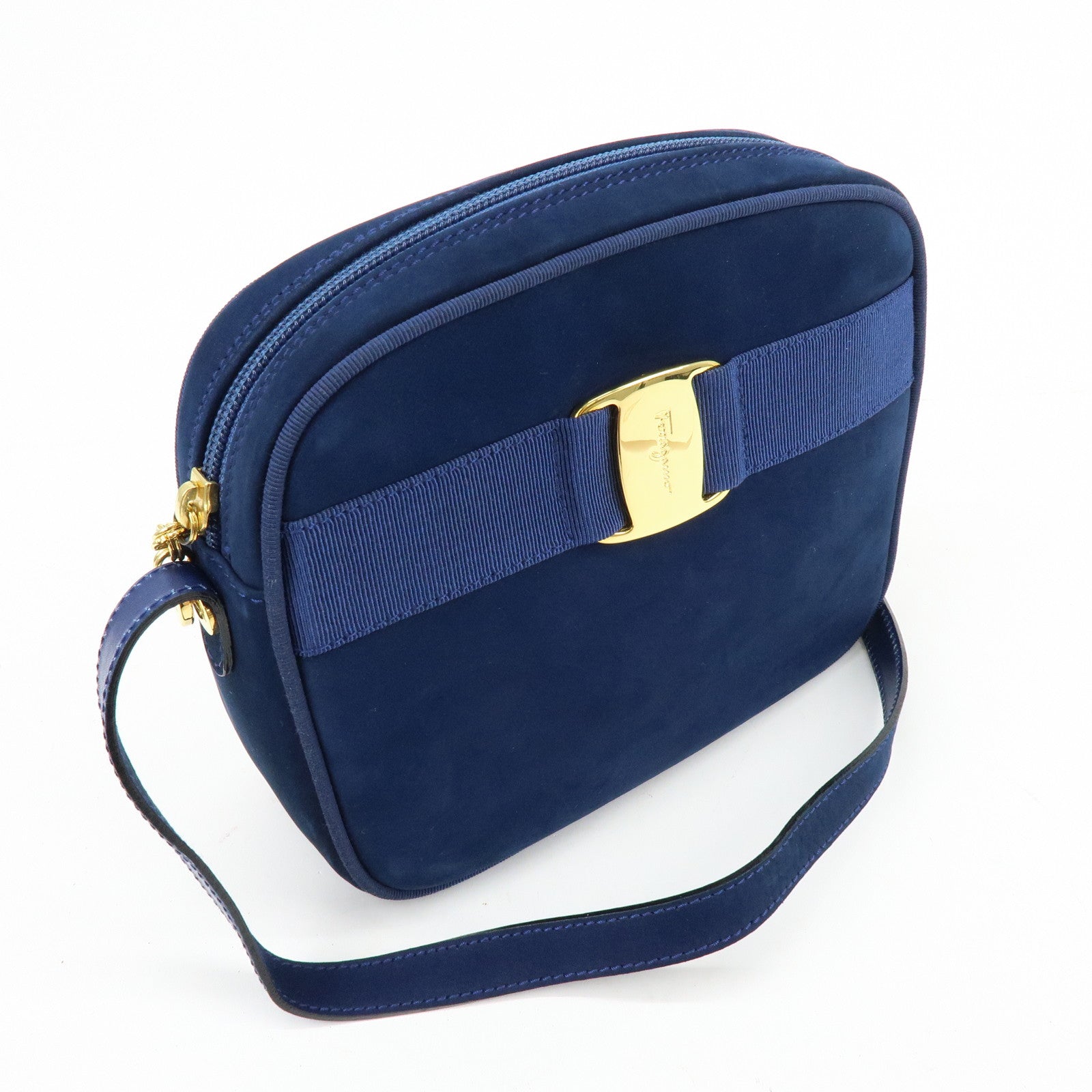 Ferragamo Vara Suede Shoulder Bag Crossbody Bag Camera Bag Navy