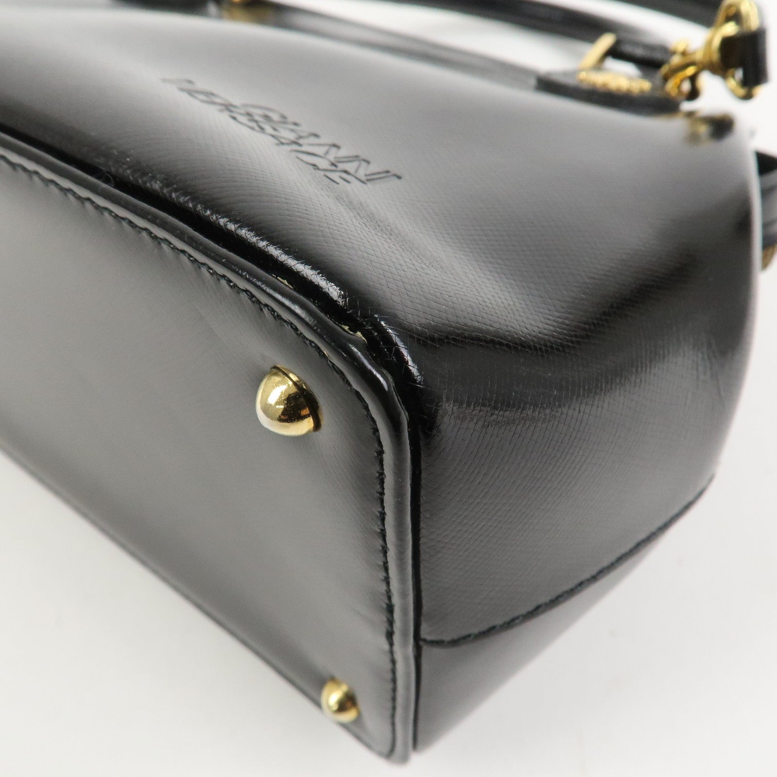 VERSACE Leather 2Way Hand Bag Shoulder Bag Black Gold