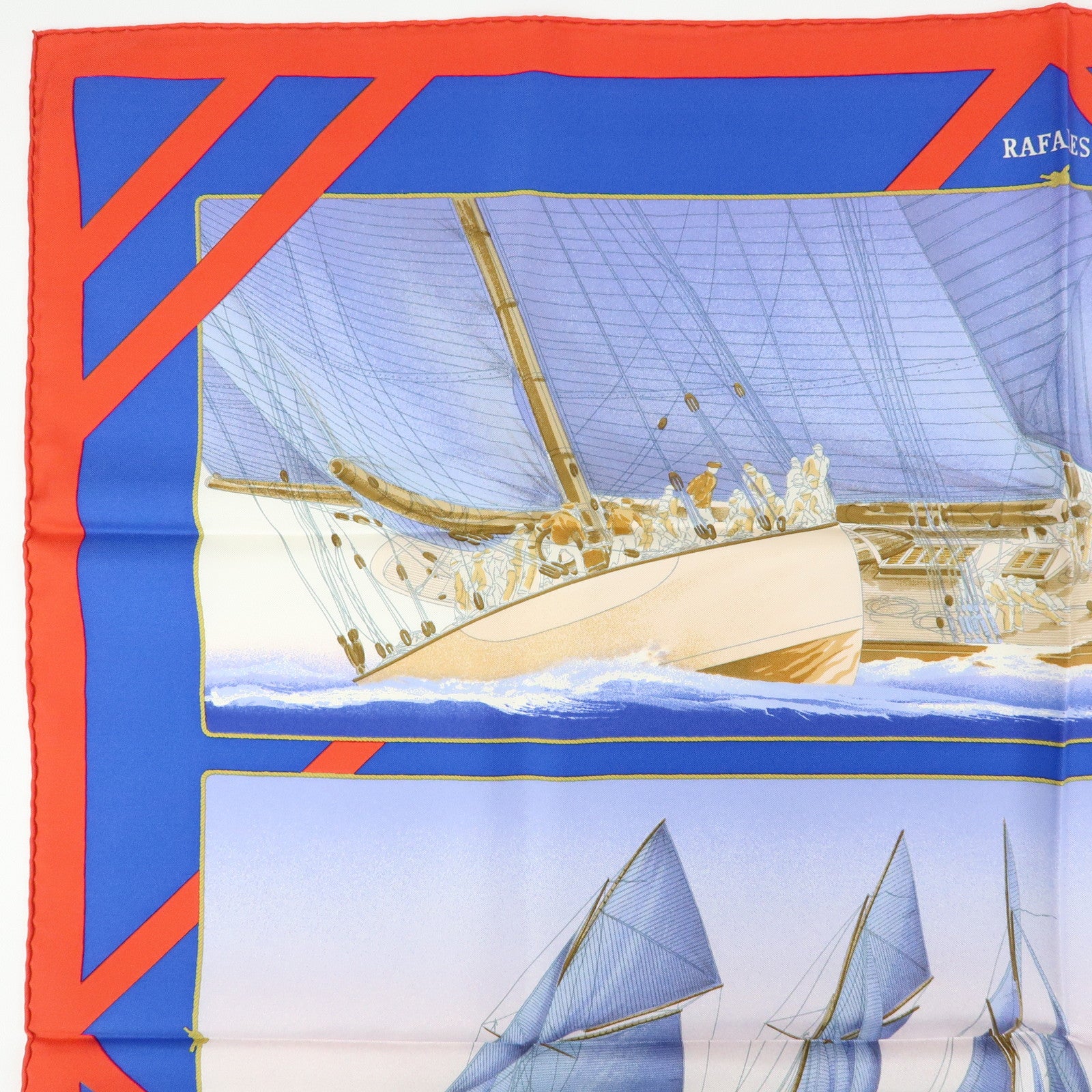 HERMES Carre 90 Silk 100% Scarf RAFALES Ship Print Blue Red