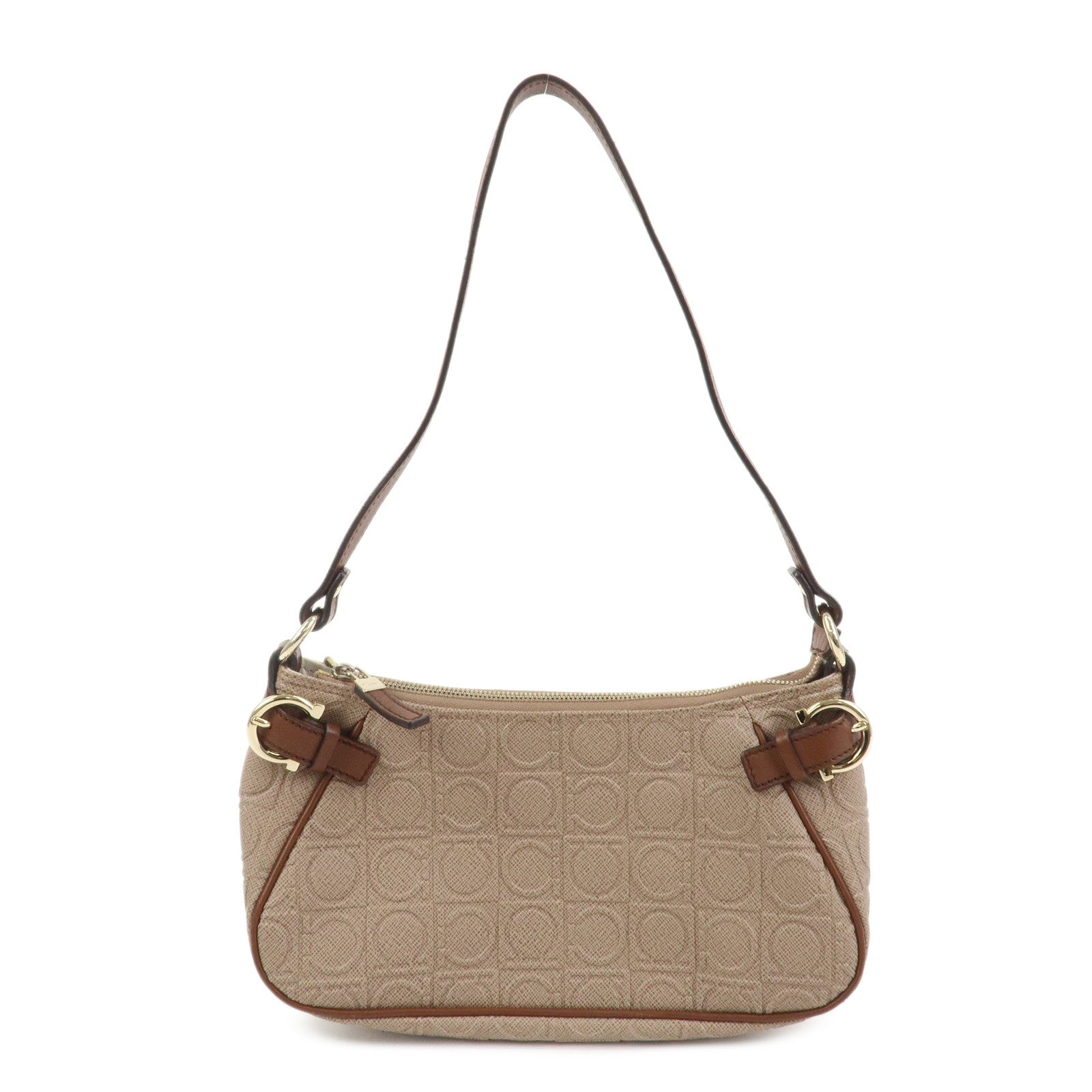 Ferragamo Gancini PVC Canvas Leather Shoulder Bag Hand Bag Brown