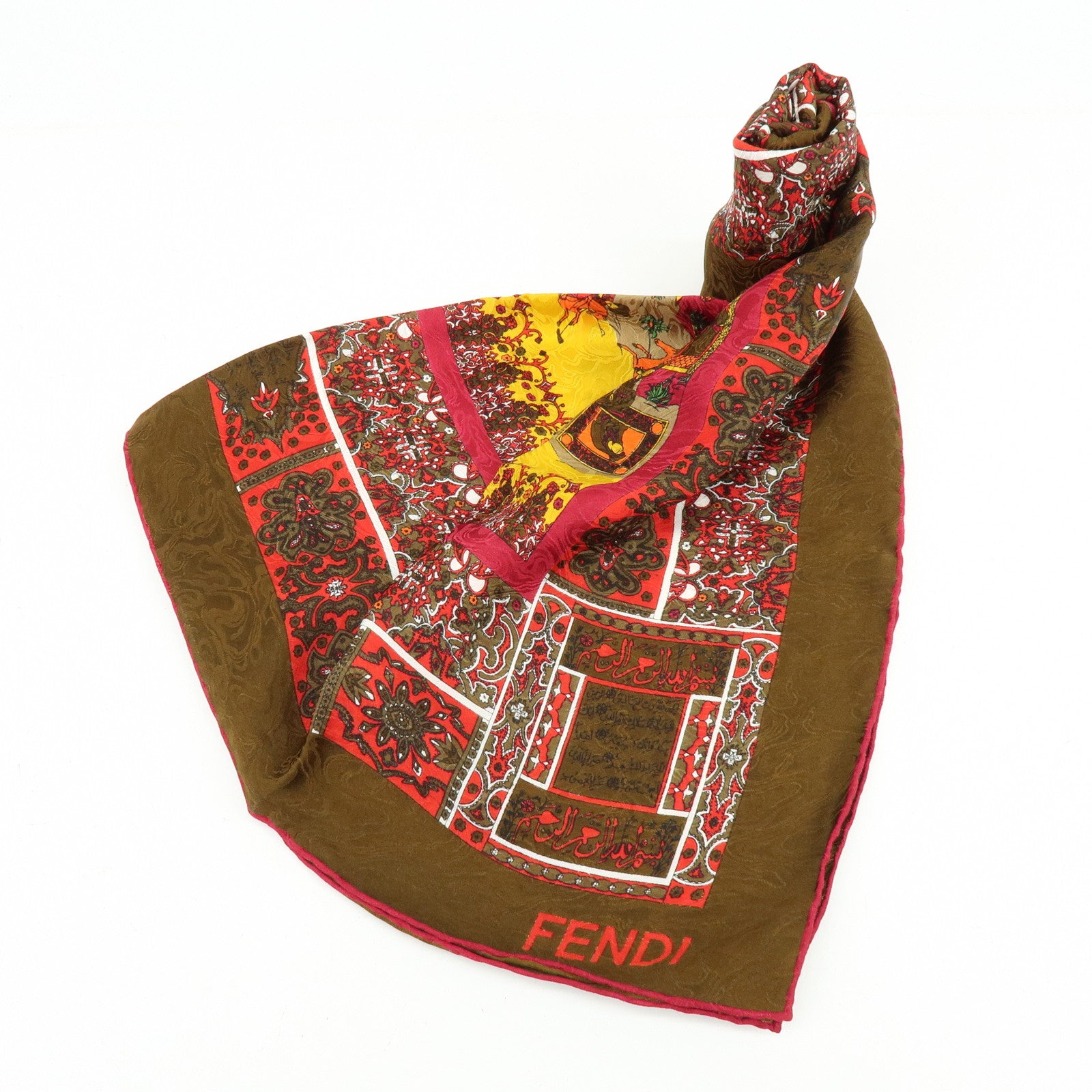FENDI Silk 100% Scarf Oriental Motif Brown Multicolor